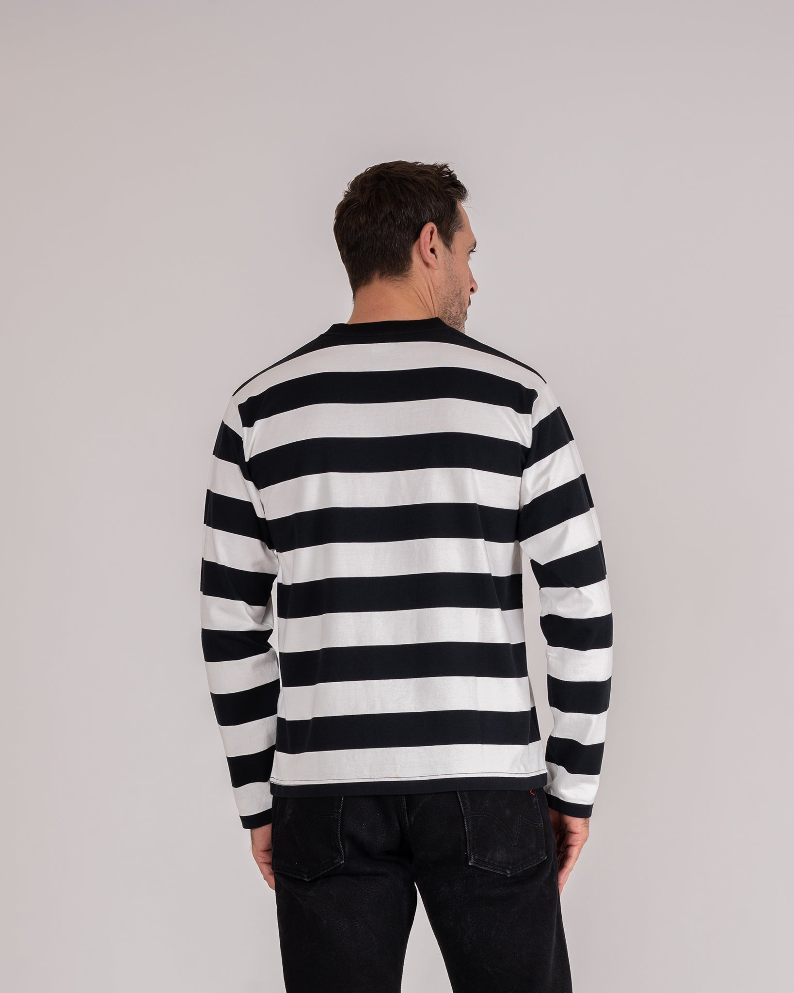 IHTB-09-BLK 7.5oz Cotton Long-Sleeved Crew Neck Border Tee - Black and White Stripes - 3