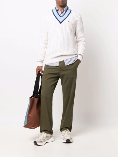 LACOSTE contrasting v-neck cable knit sweater outlook