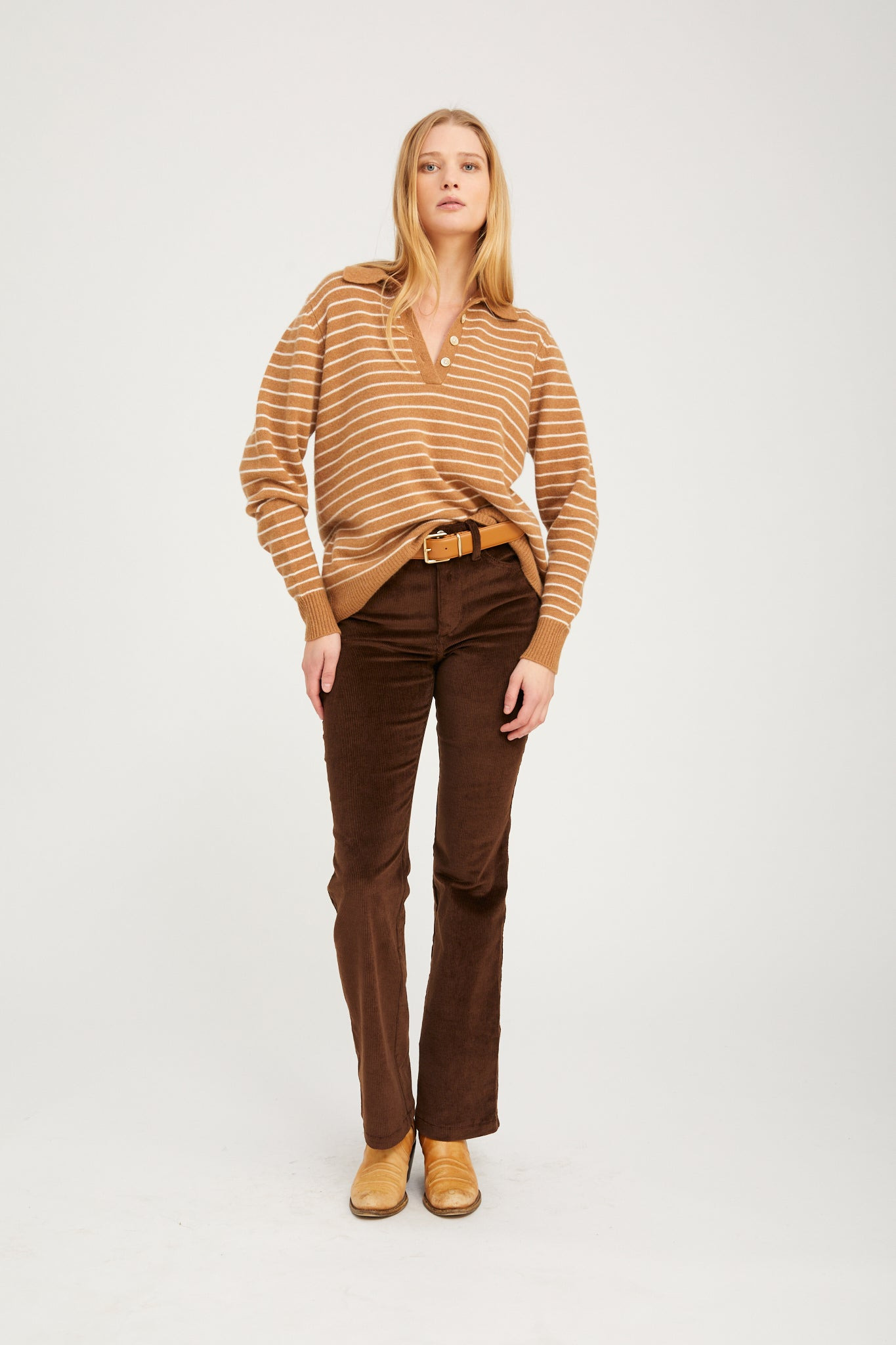 CAMEL STRIPE CASHMERE POLO SWEATER - 3