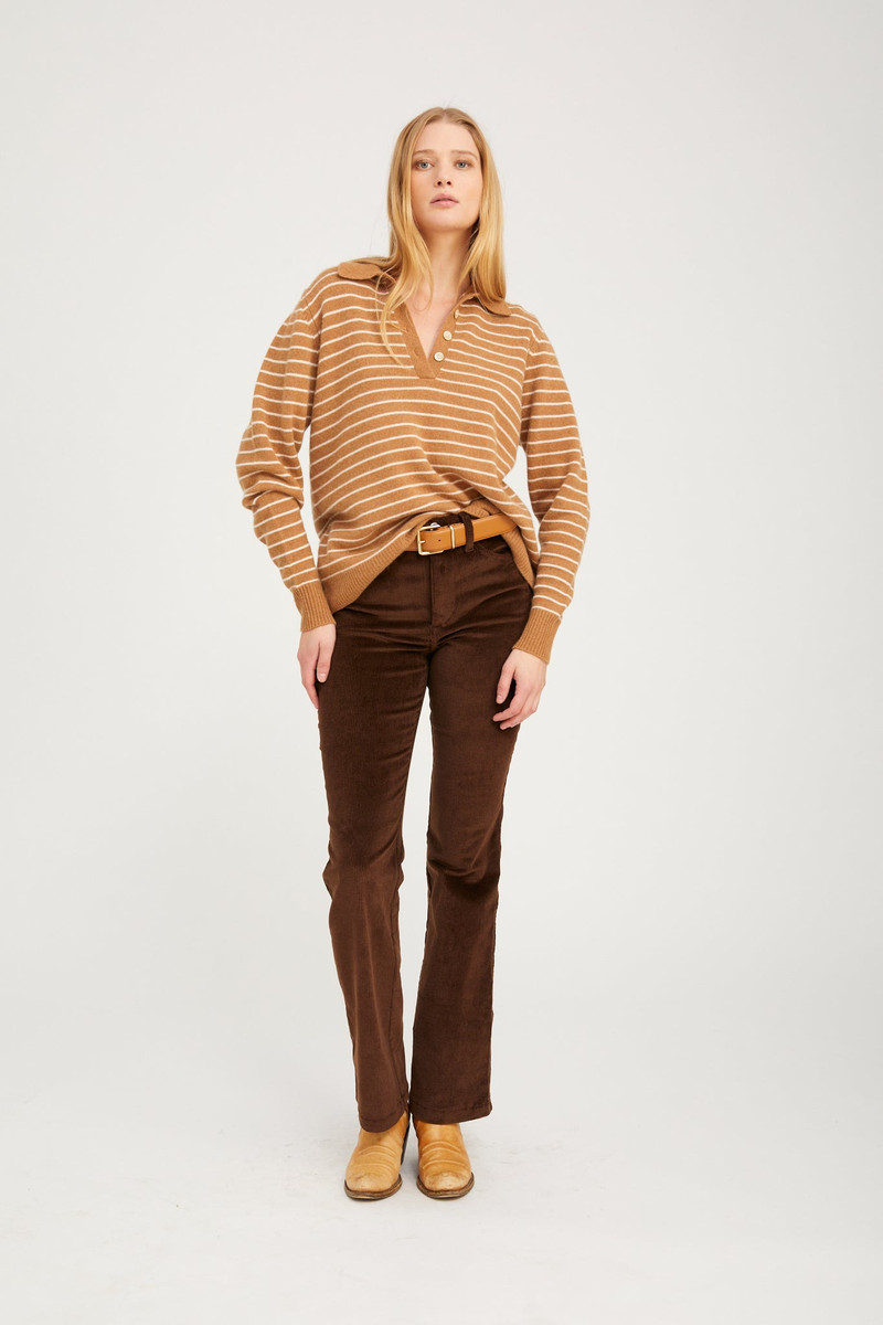 CAMEL STRIPE CASHMERE POLO SWEATER 3