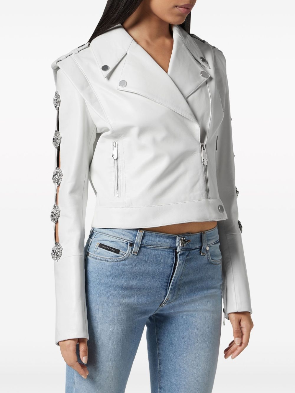crystal-embellished biker jacket - 3