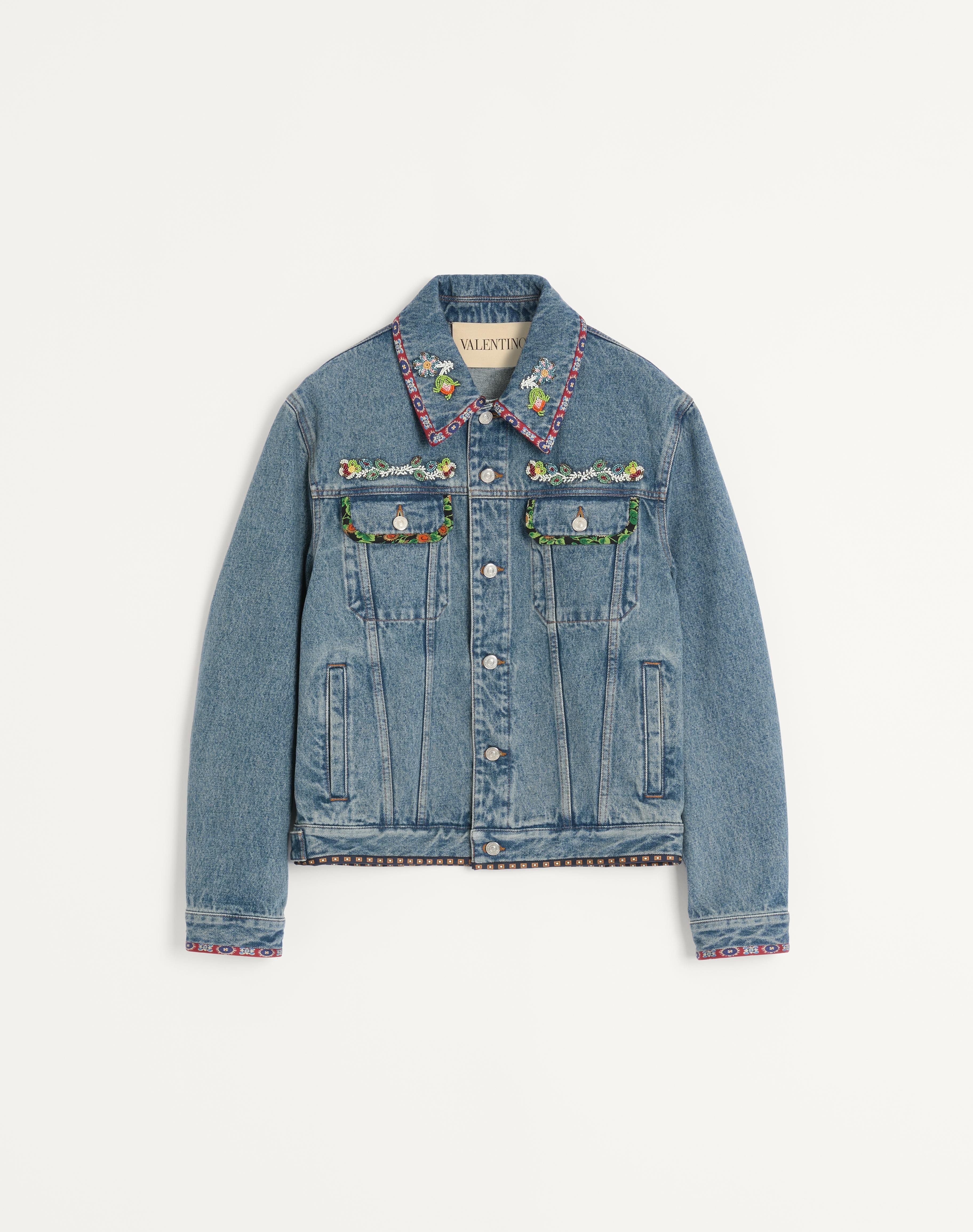 DENIM JACKET WITH BEADED EMBROIDERY AND PRINTED EDGES - 1