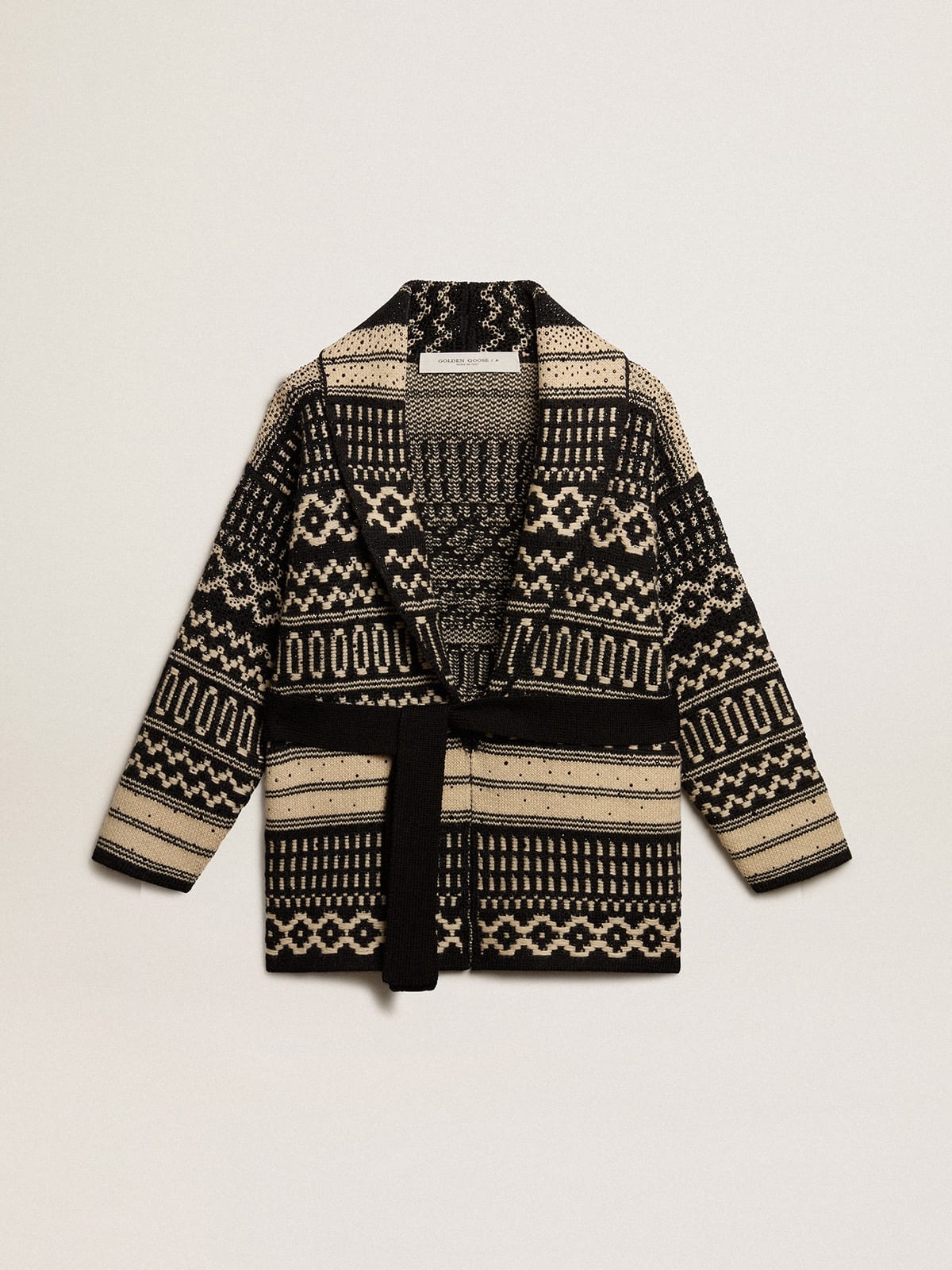 Women’s cardigan in ecru wool with jacquard design and belt - 1