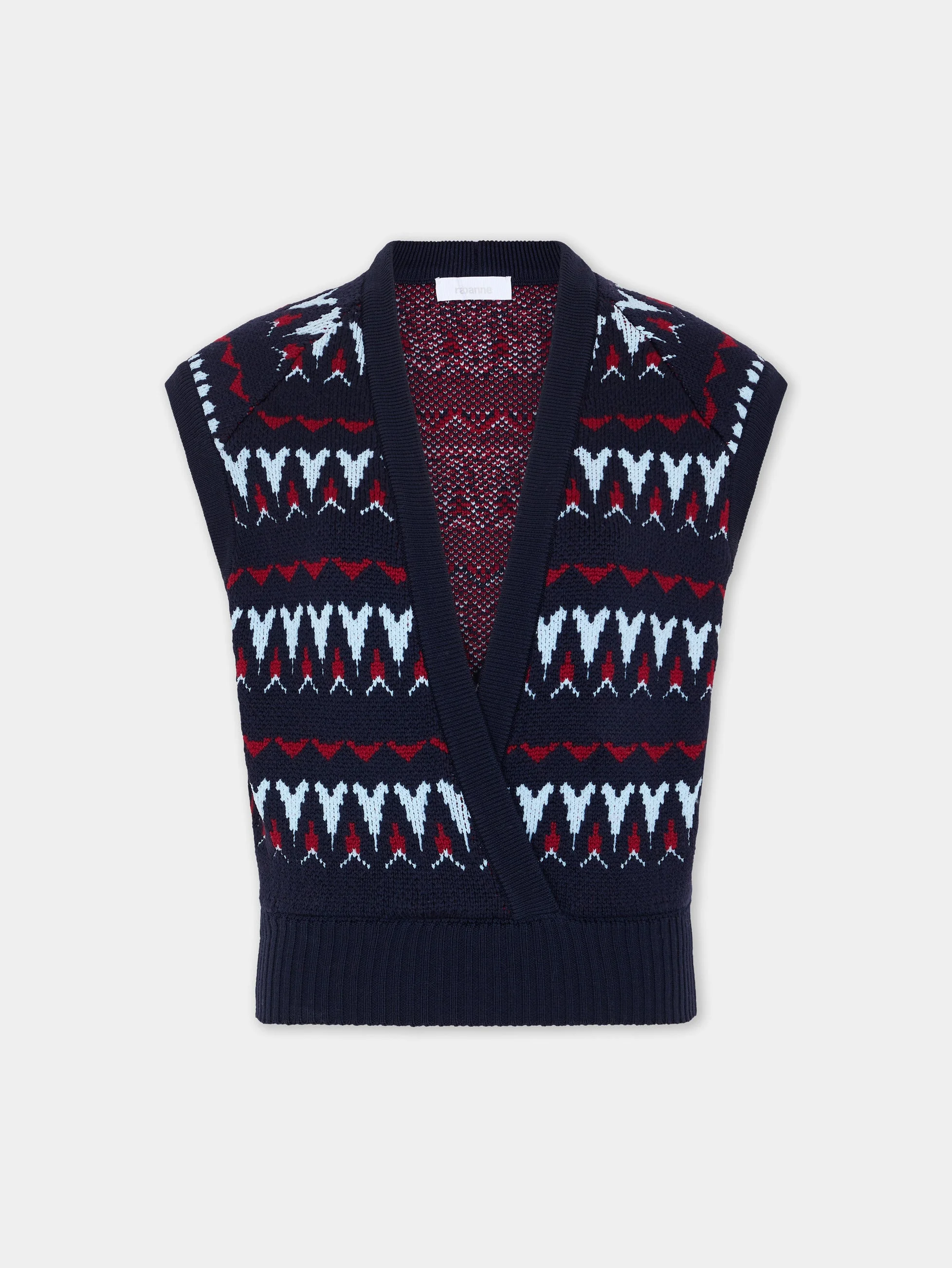 NAVY VINTAGE JACQUARD WOOL WRAP KNIT TOP - 1