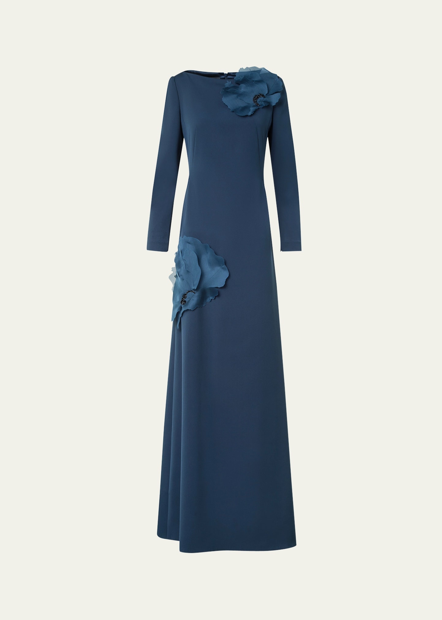 Organza Anemone Corsage Long-Sleeve Crepe Gown - 1
