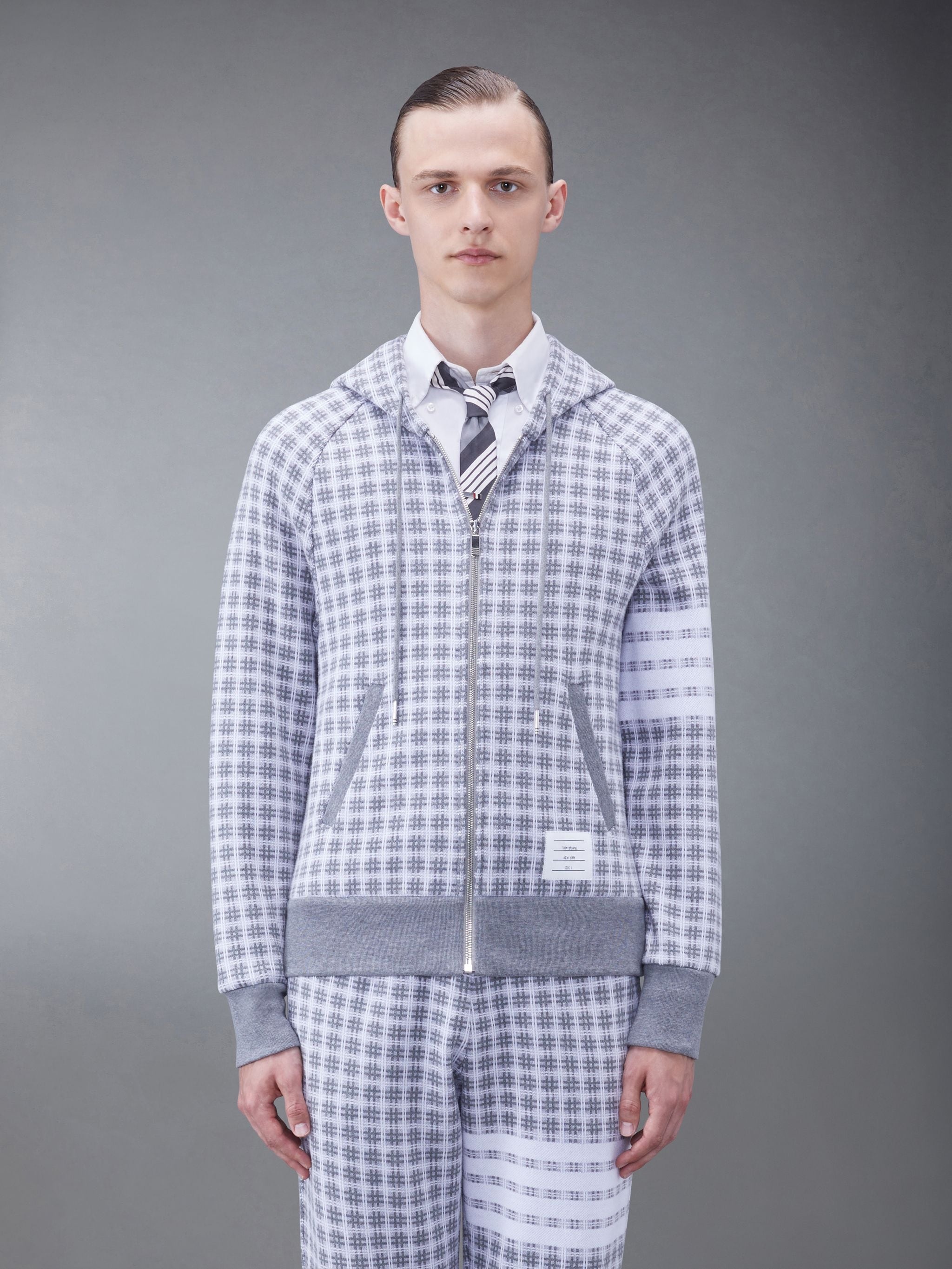 Cotton Check Jacquard 4-Bar Hoodie - 1