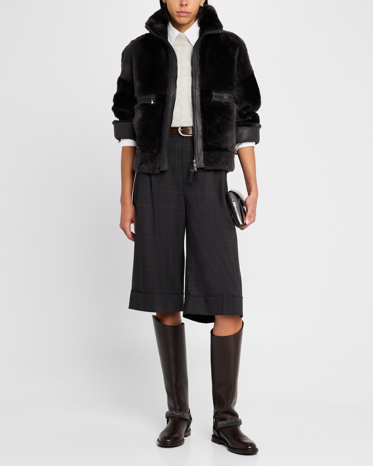 Windowpane Bermuda Pleated Wool Shorts - 2