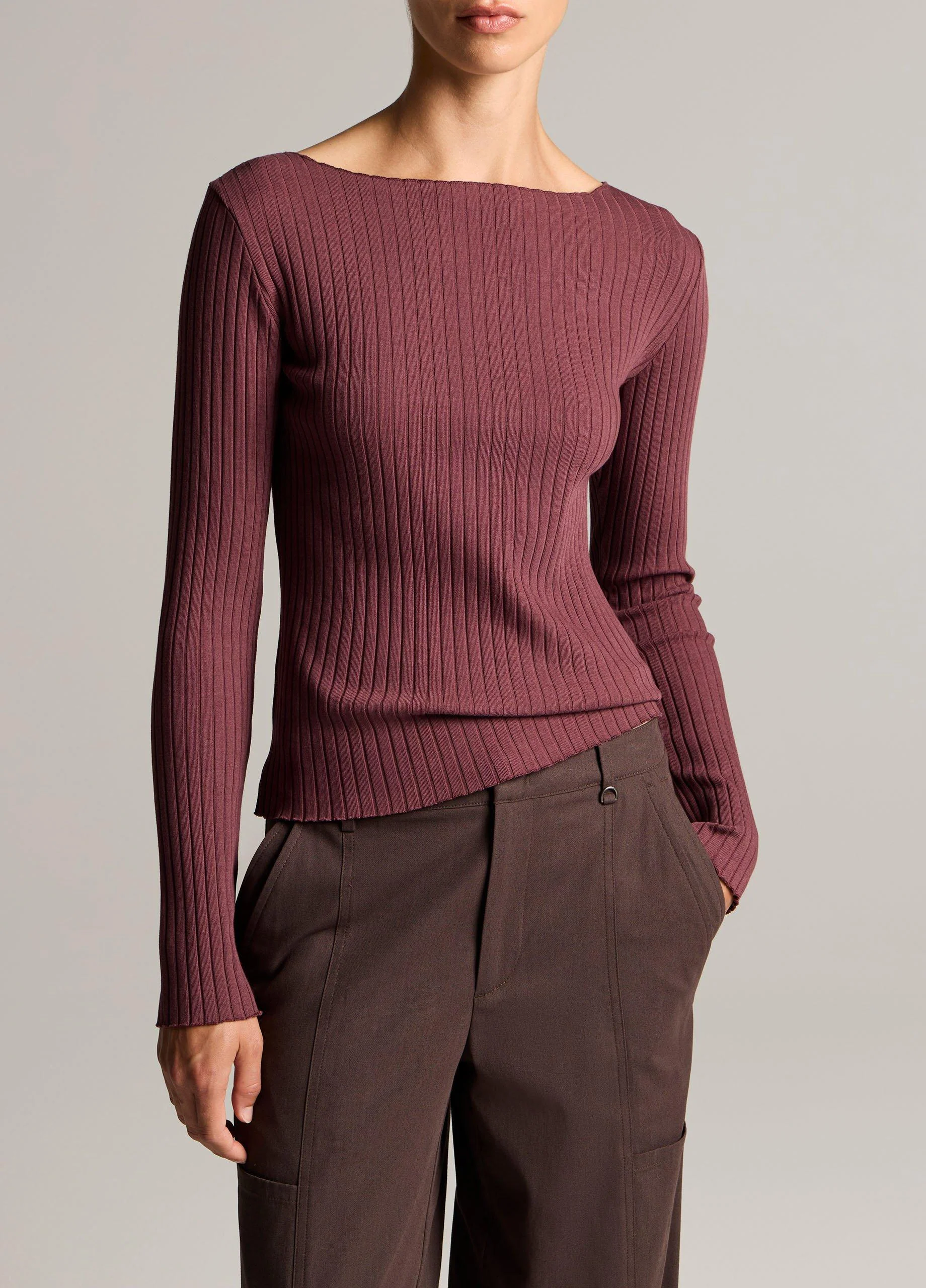 Ribbed Cotton-Blend Slash-Neck Long-Sleeve Top - 1