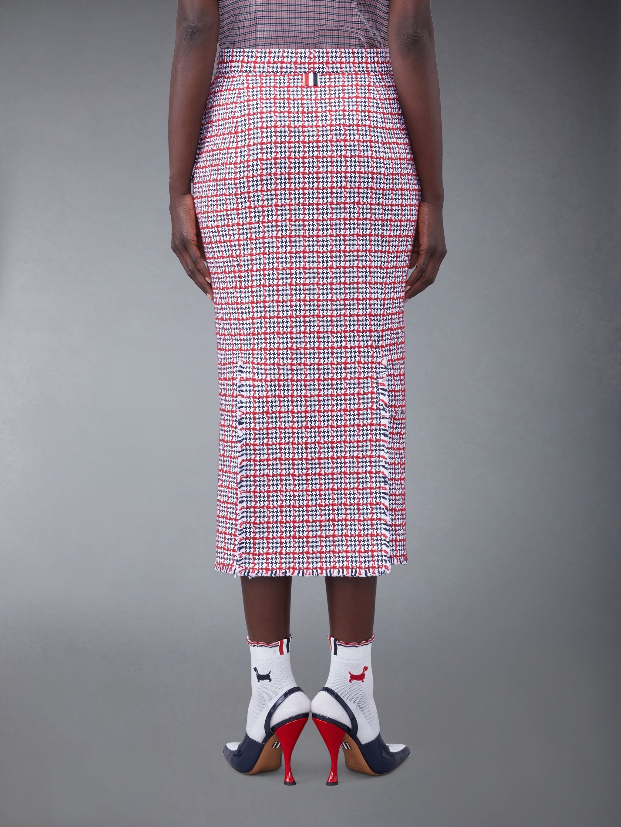 Thom Browne Check Summer Tweed Fray Maxi Low Rise Pencil