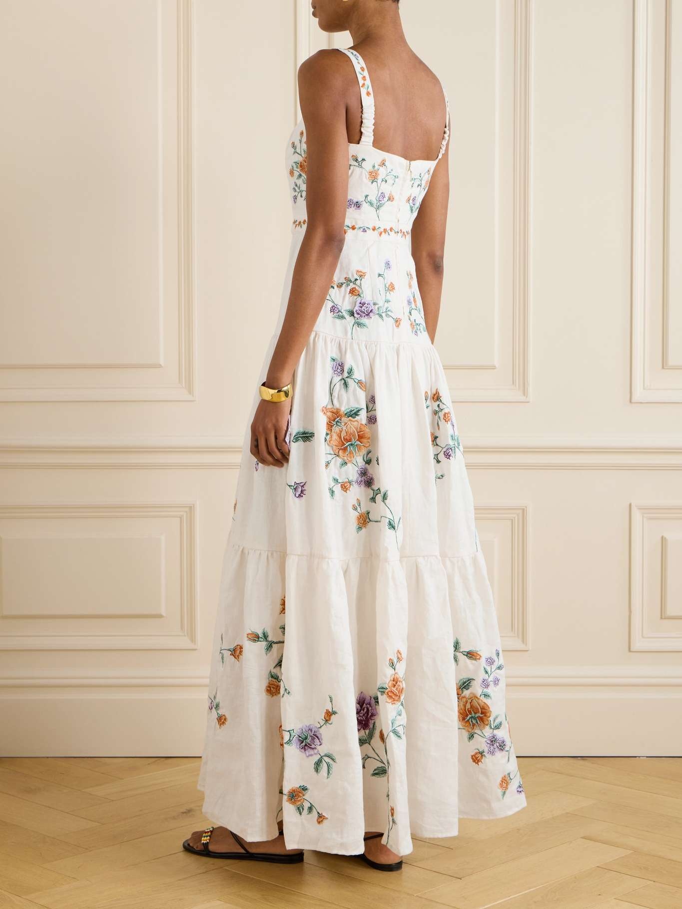 Lima tiered pleated embroidered linen maxi dress White - 3