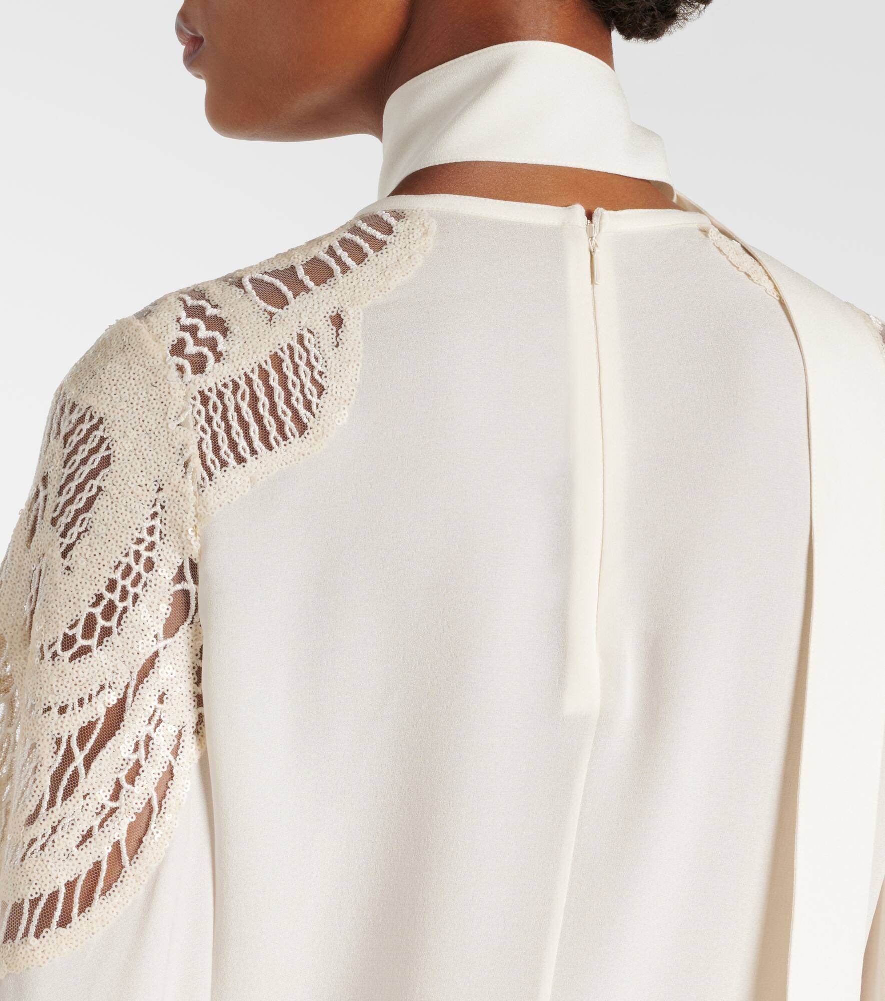Lace-trimmed tie-neck georgette blouse - 7