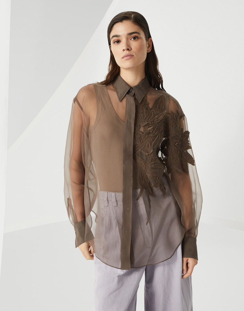 Crispy silk shirt with herbarium appliqué 1