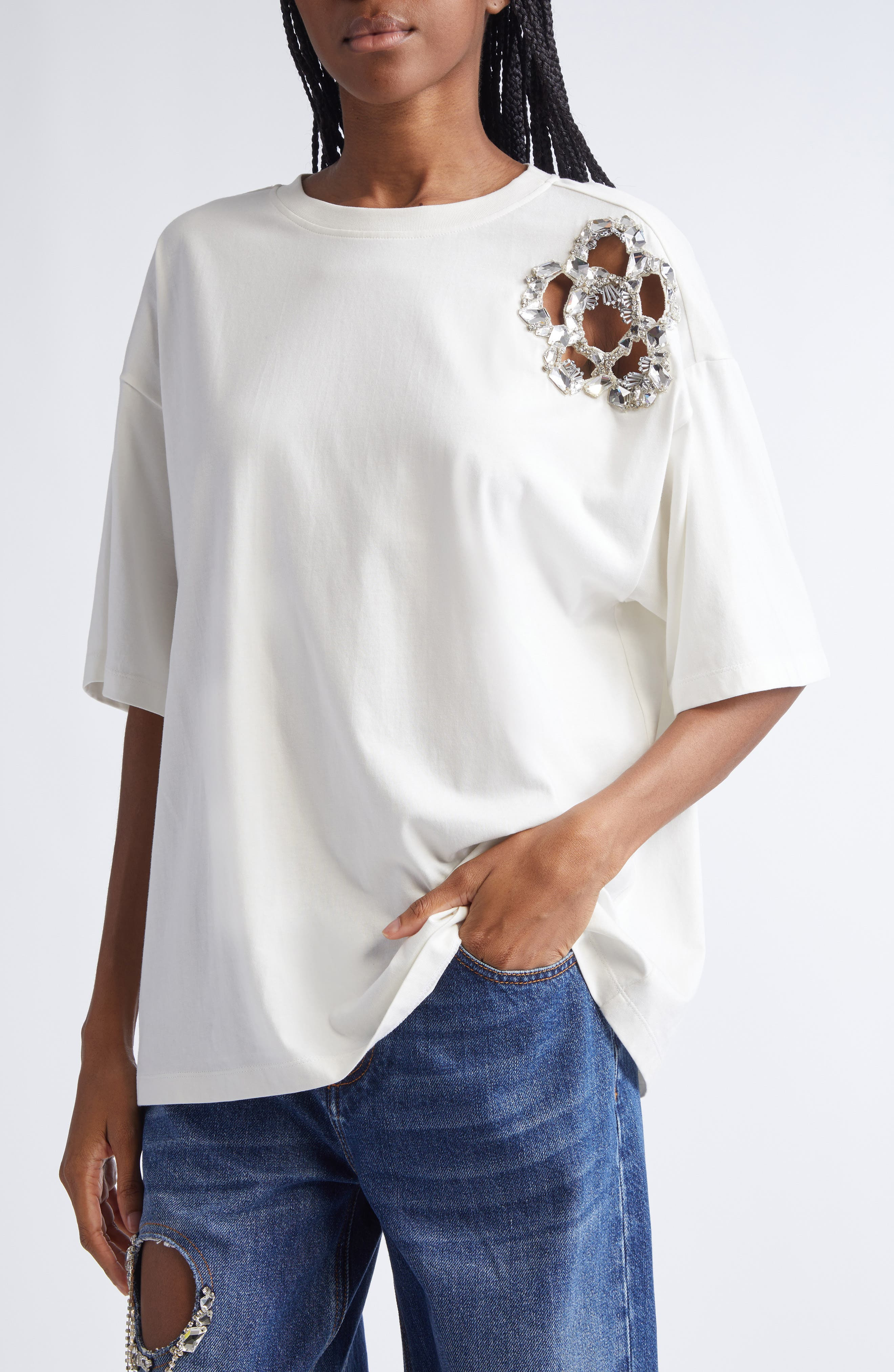 Area Crystal Cluster Flower T-Shirt in White at Nordstrom - 5