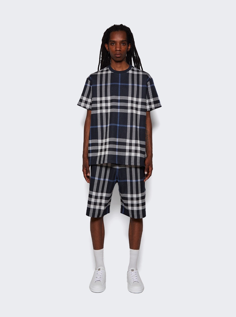 Check Cotton Jacquard Shorts White And Blue Check - 2