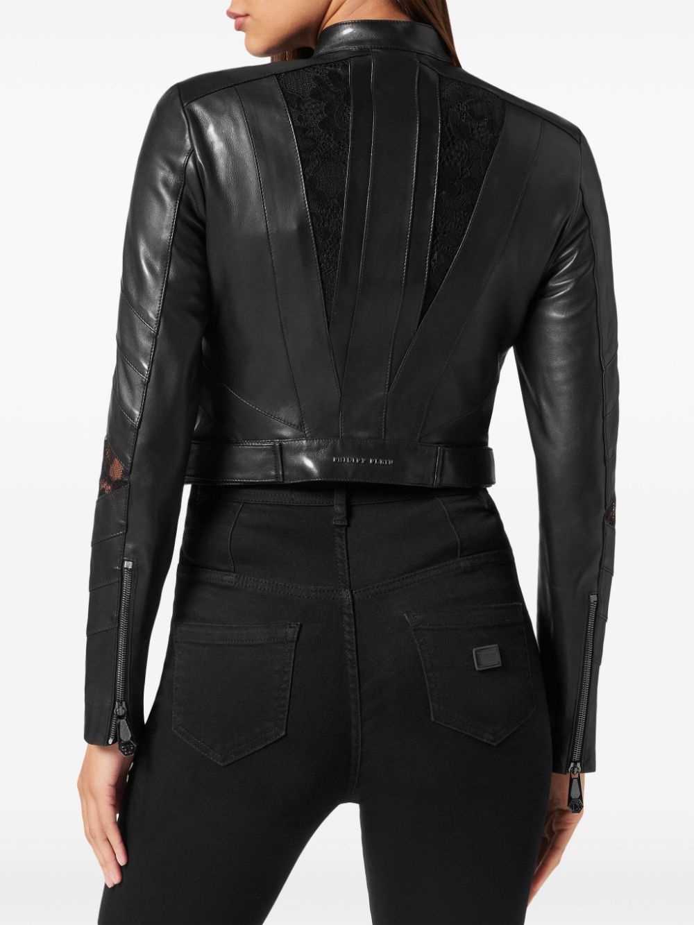 lace-embellished leather jacket - 4