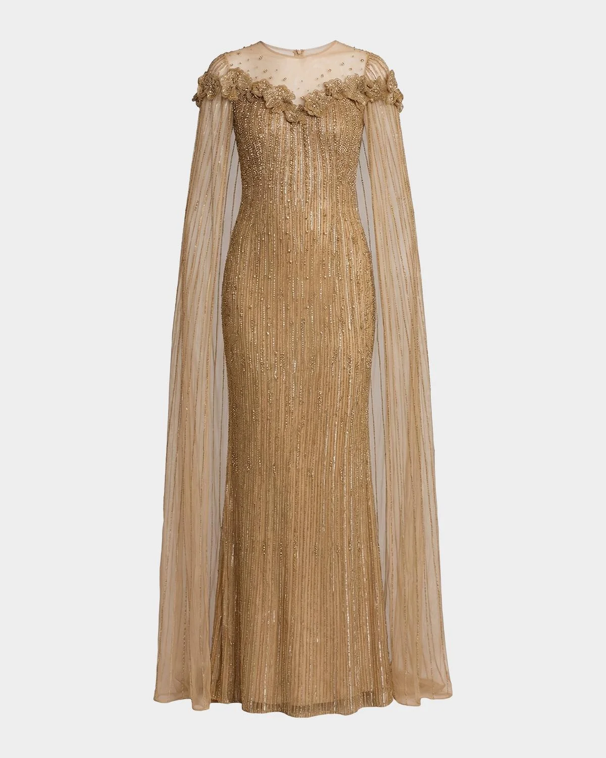 Beaded Illusion Cape Gown - 1