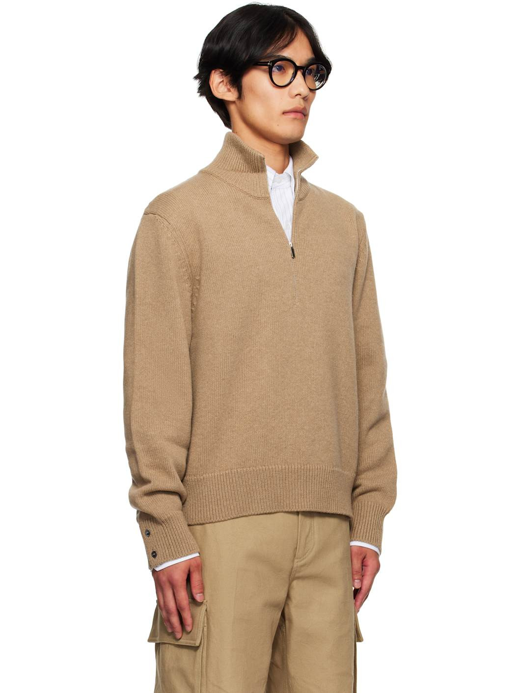Beige Geese Intarsia Merino Wool Mock Neck Sweater - 2