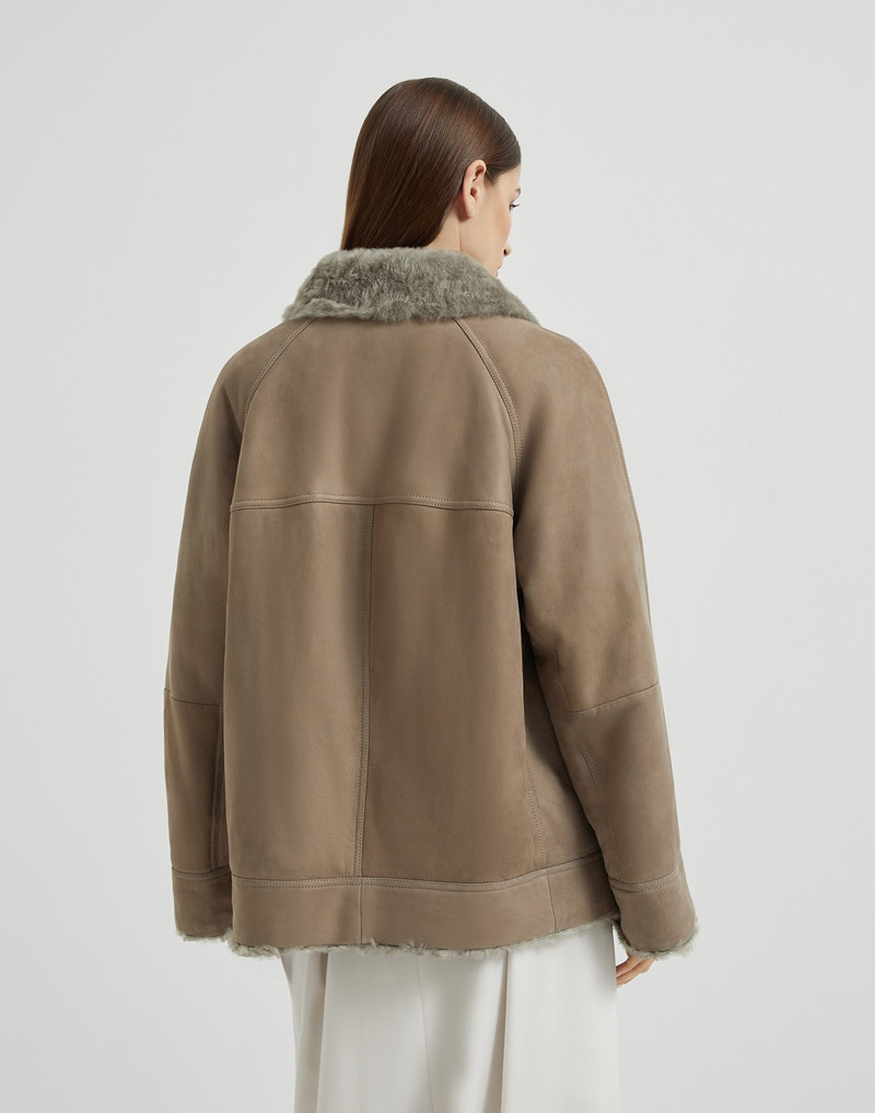 Brunello Cucinelli Fuzzy shearling outerwear jacket with shiny trim outlook