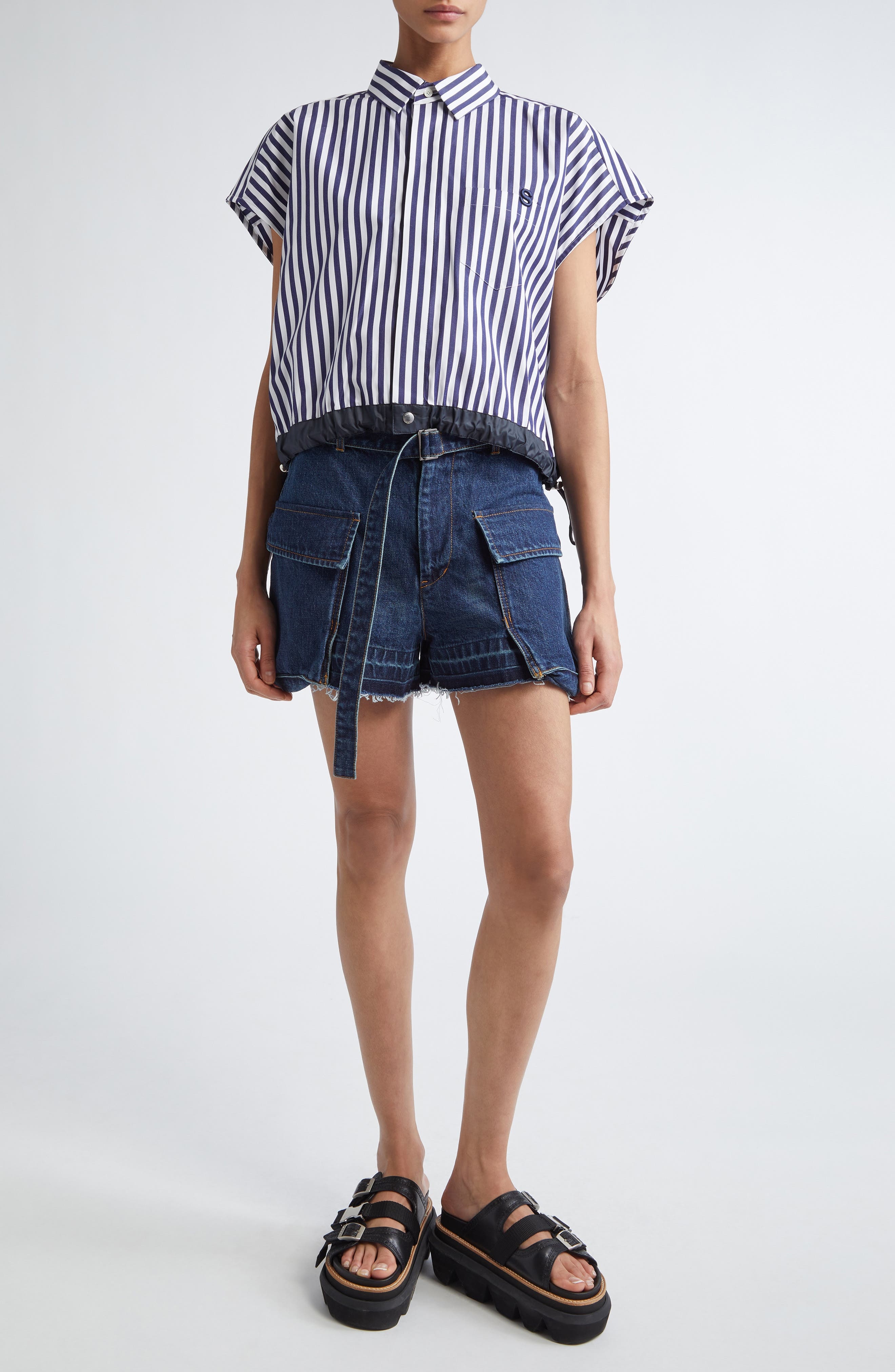 Sacai Belted Frayed Release Hem Cargo Denim Shorts in Blue 401 at Nordstrom - 2