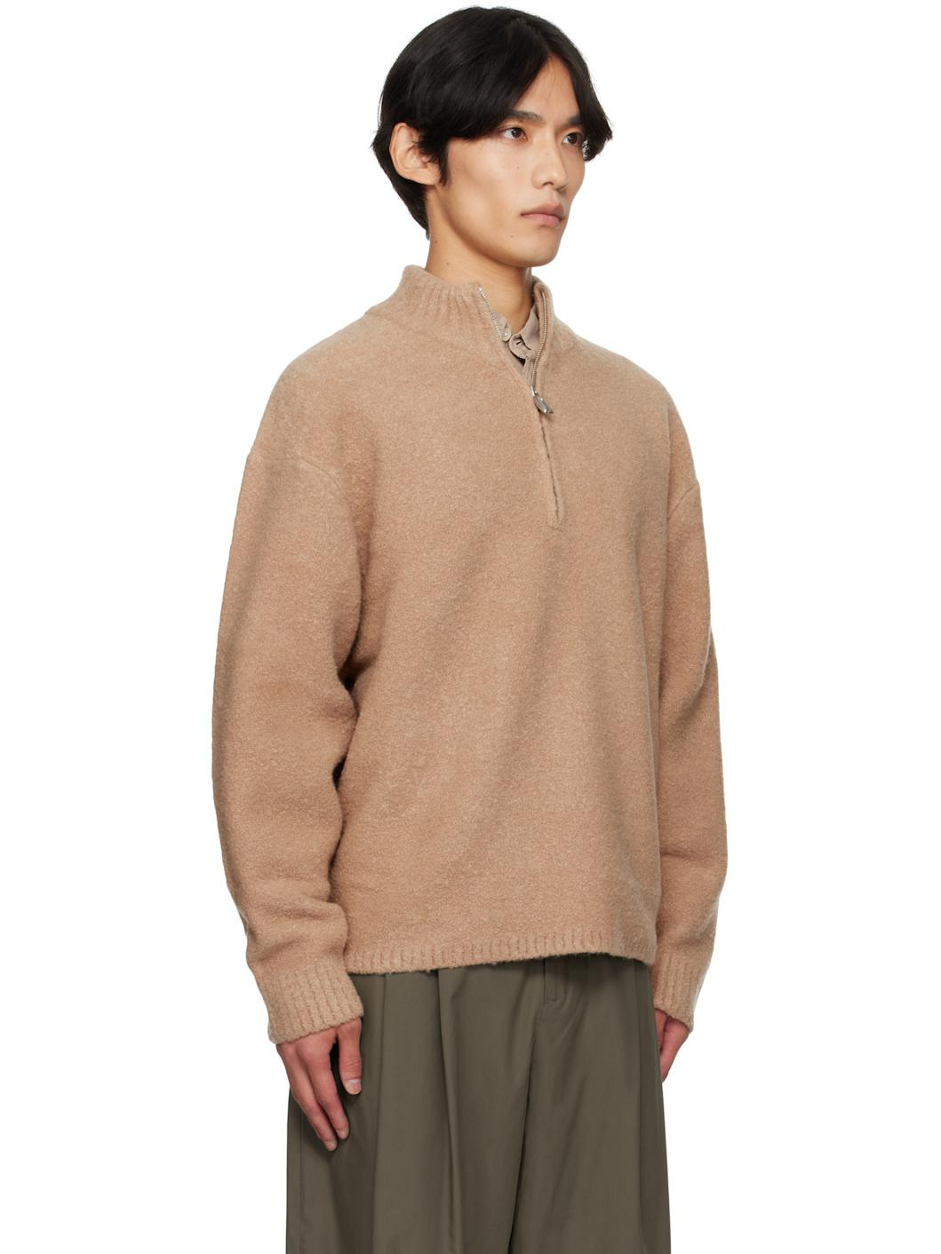 Tan Bouclé Half-Zip Sweater - 2