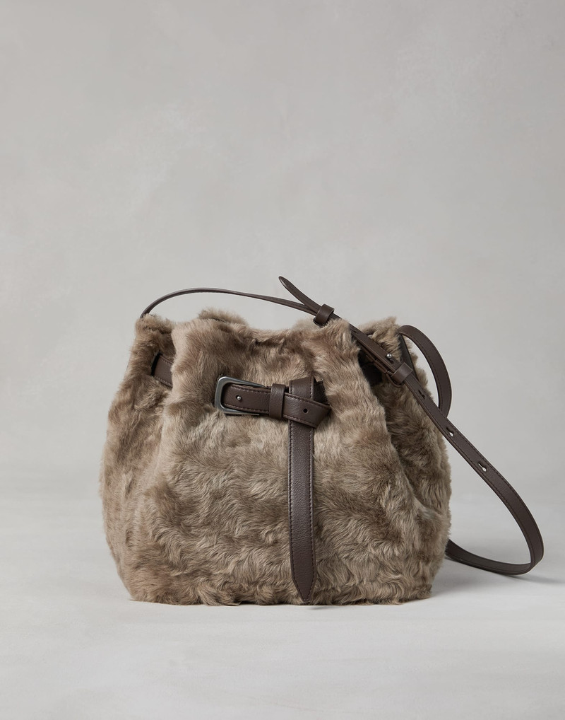 Frosty-effect shearling bucket bag with belt detail 1