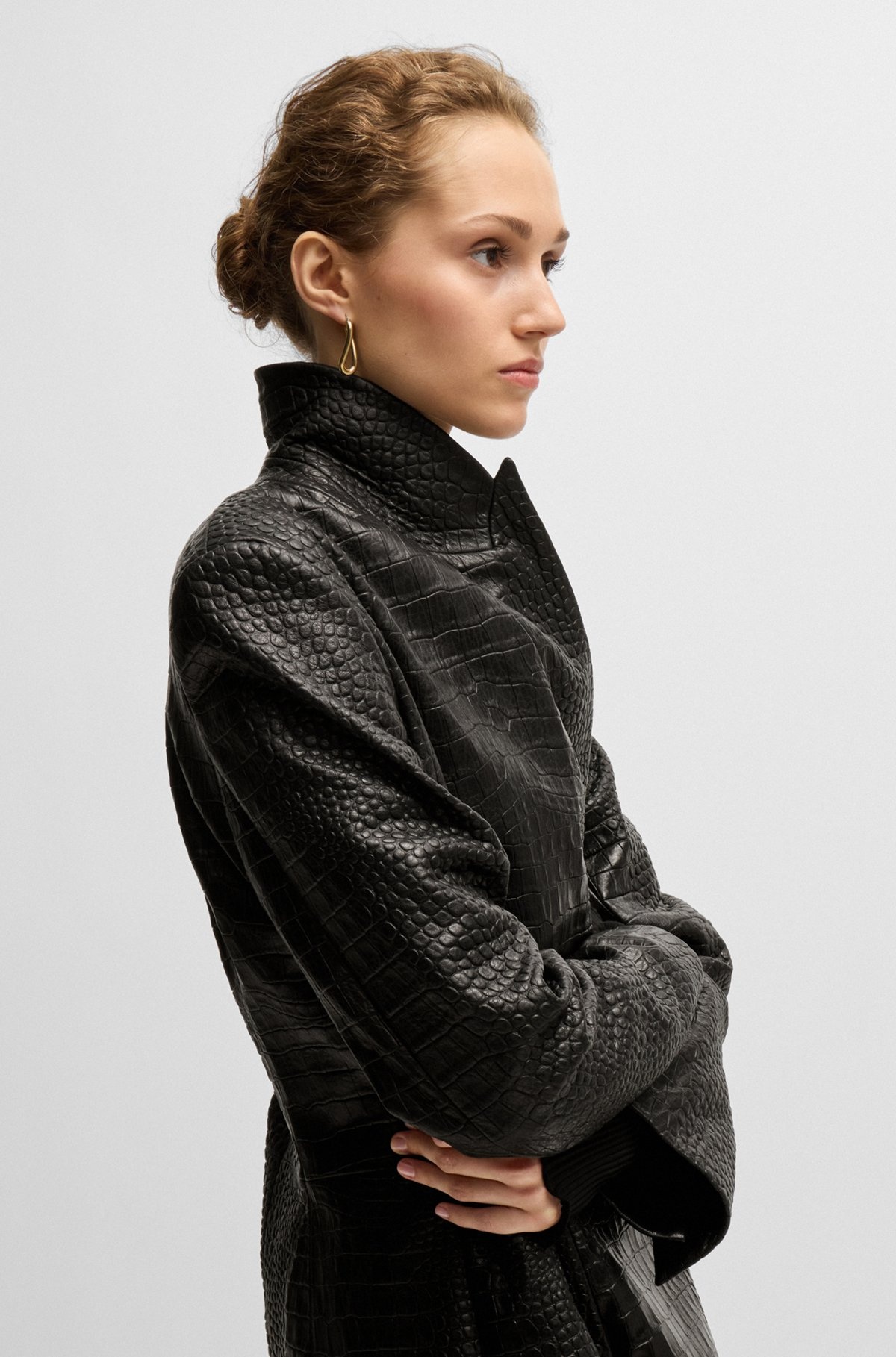 WRAP-FRONT COAT IN CROCODILE-EMBOSSED LEATHER - 6