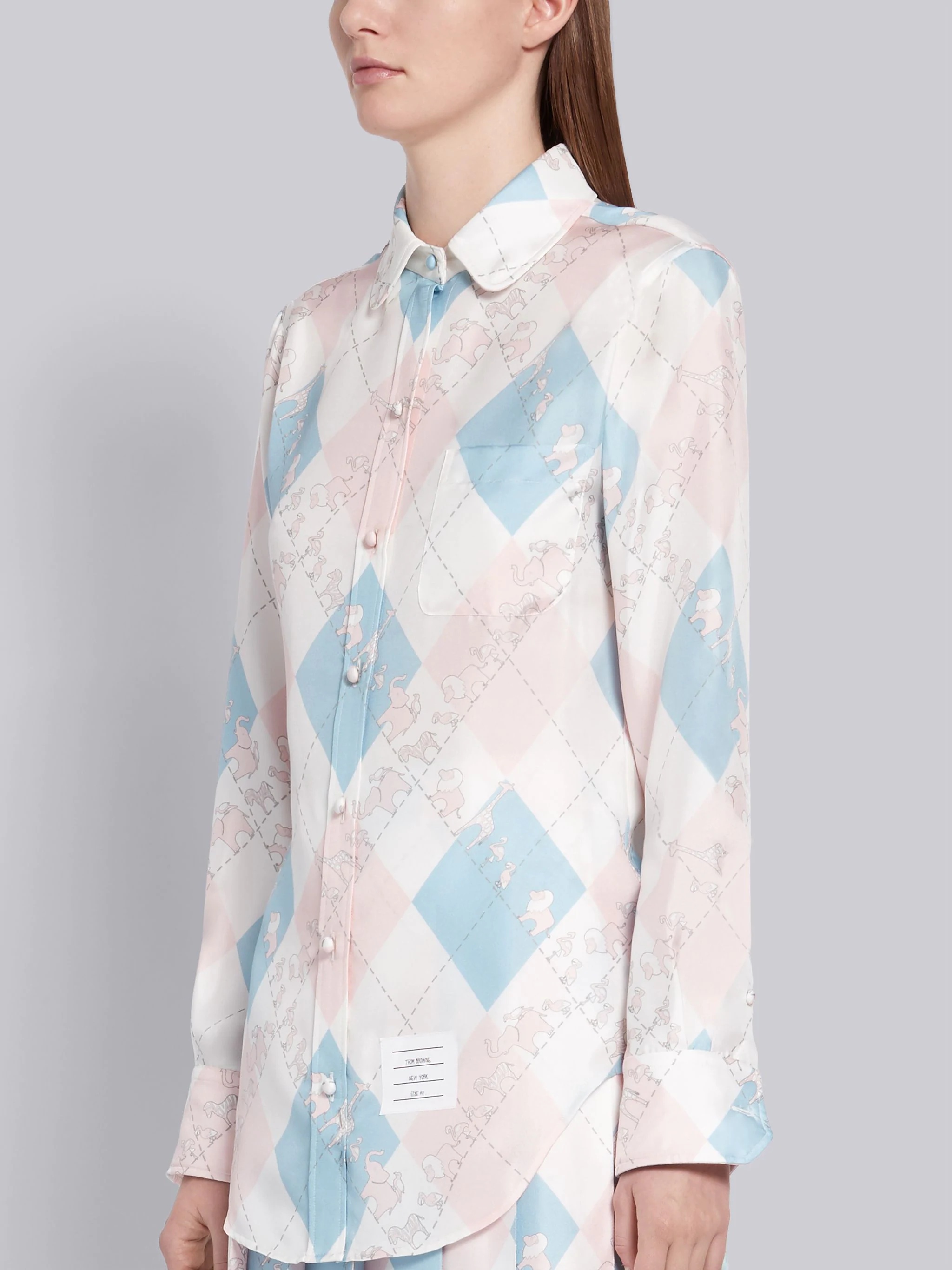 Light Blue and Pink Silk Argyle Print Animal Icon Long Sleeve Round Collar Shirt - 2