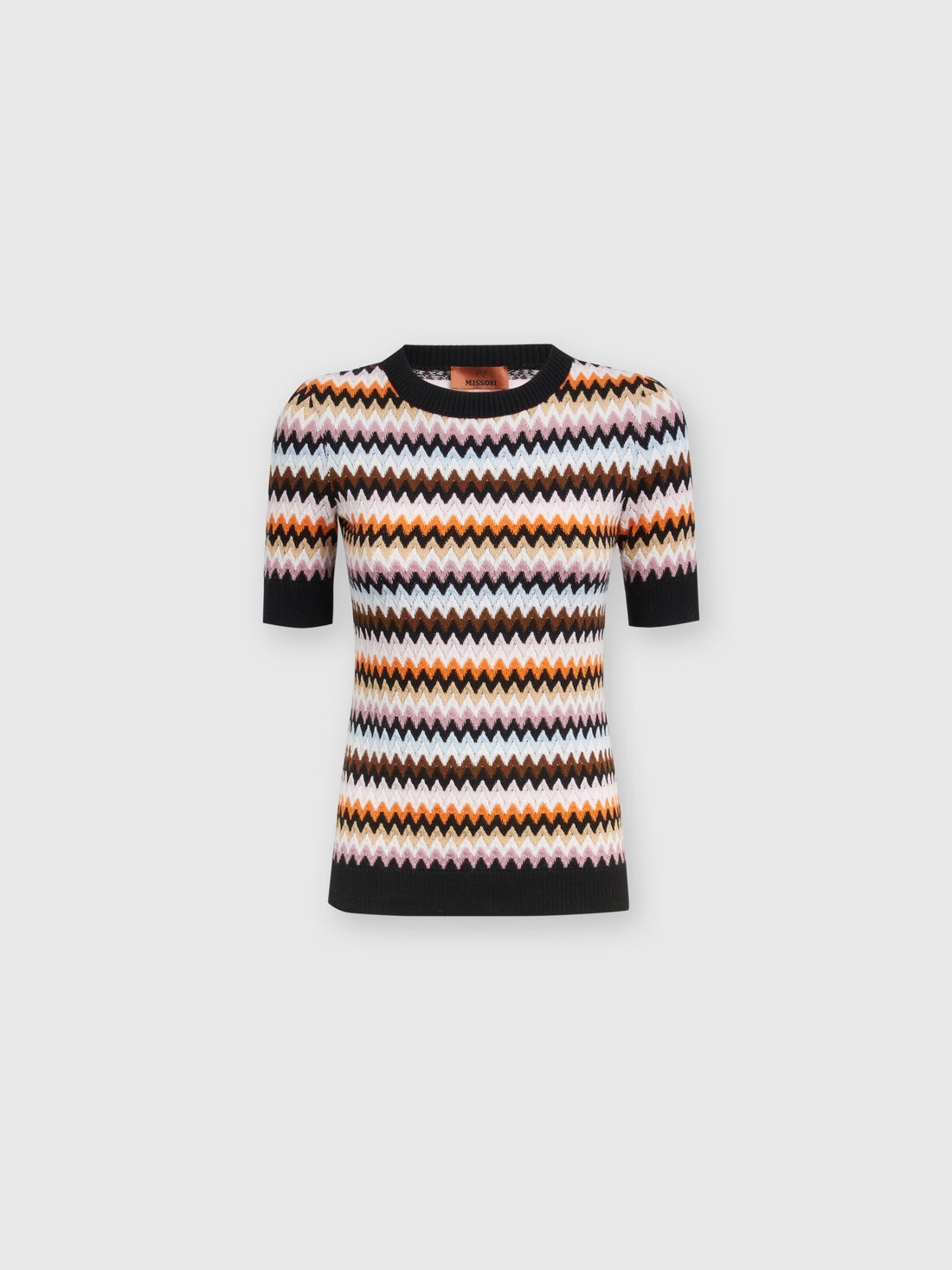 Short-sleeved crewneck pullover in zigzag wool - 1