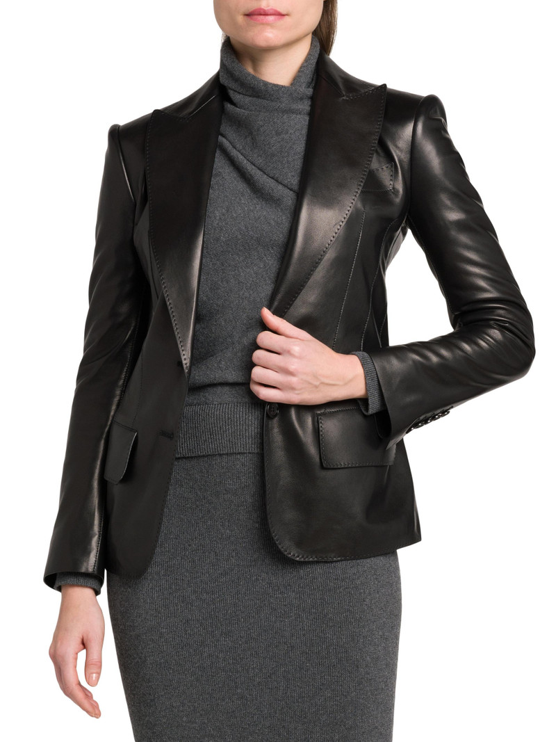 Women's Leather Peak Lapel Jacket - Black 6