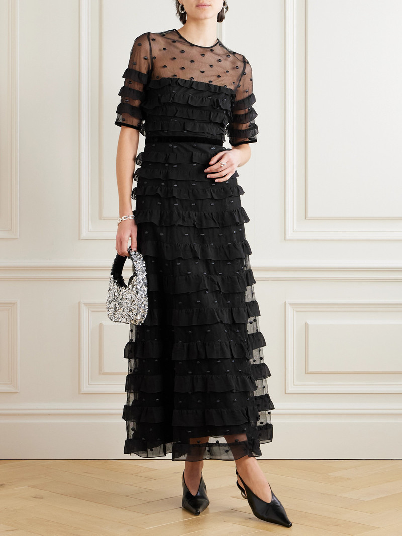 COSTARELLOS Velvet-trimmed Point D'esprit And Ruffled Chiffon Midi Dress outlook