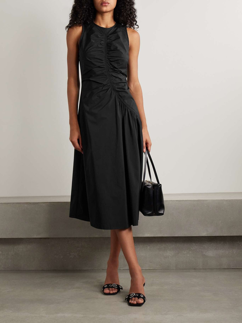 Theory Ruched cotton-blend sateen midi dress Black outlook