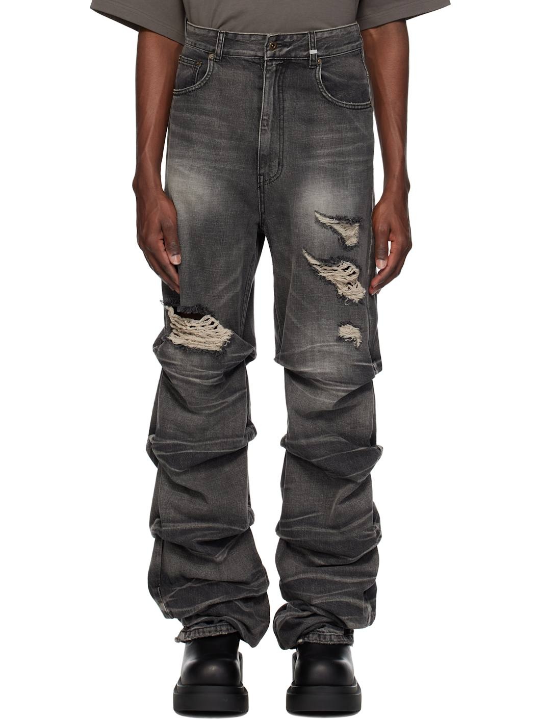 Black Wrinkled Straight Jeans - 1