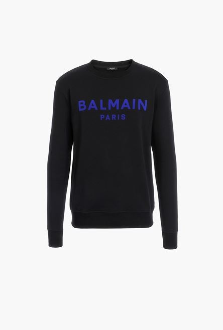 Black cotton sweatshirt with blue velvet Balmain logo - 1