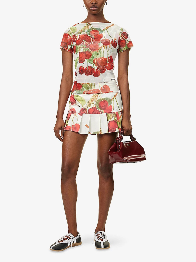 House of Sunny Cherry-Print Pleated Cotton-And-Linen Mini Skirt outlook