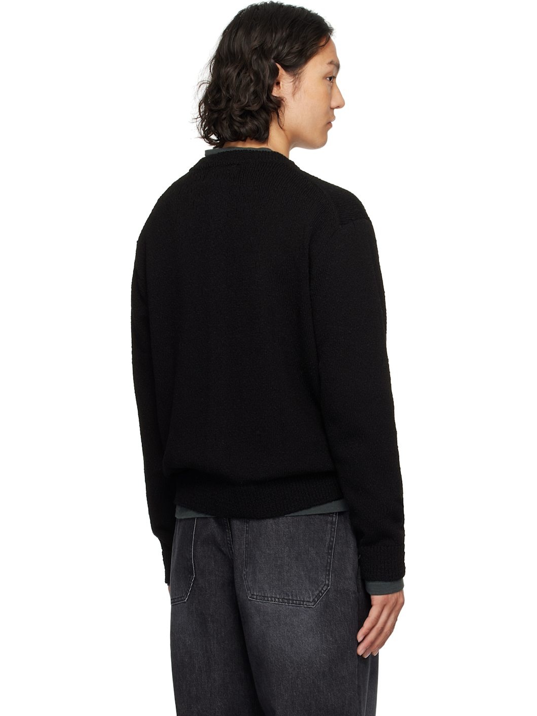 Black Cotton Boucle Round Neck Cardigan - 3