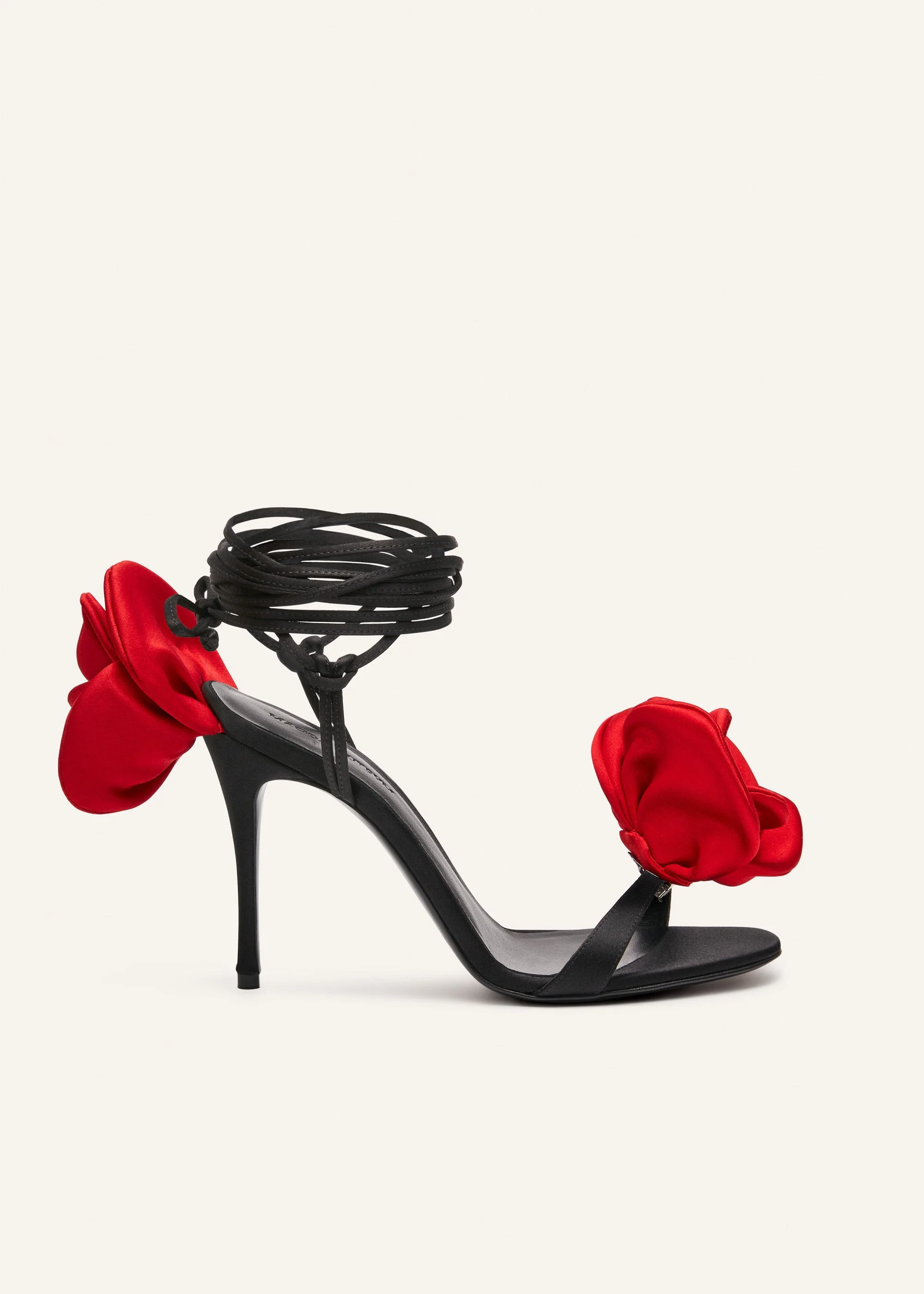 Double red flower heel sandals in black satin - 1