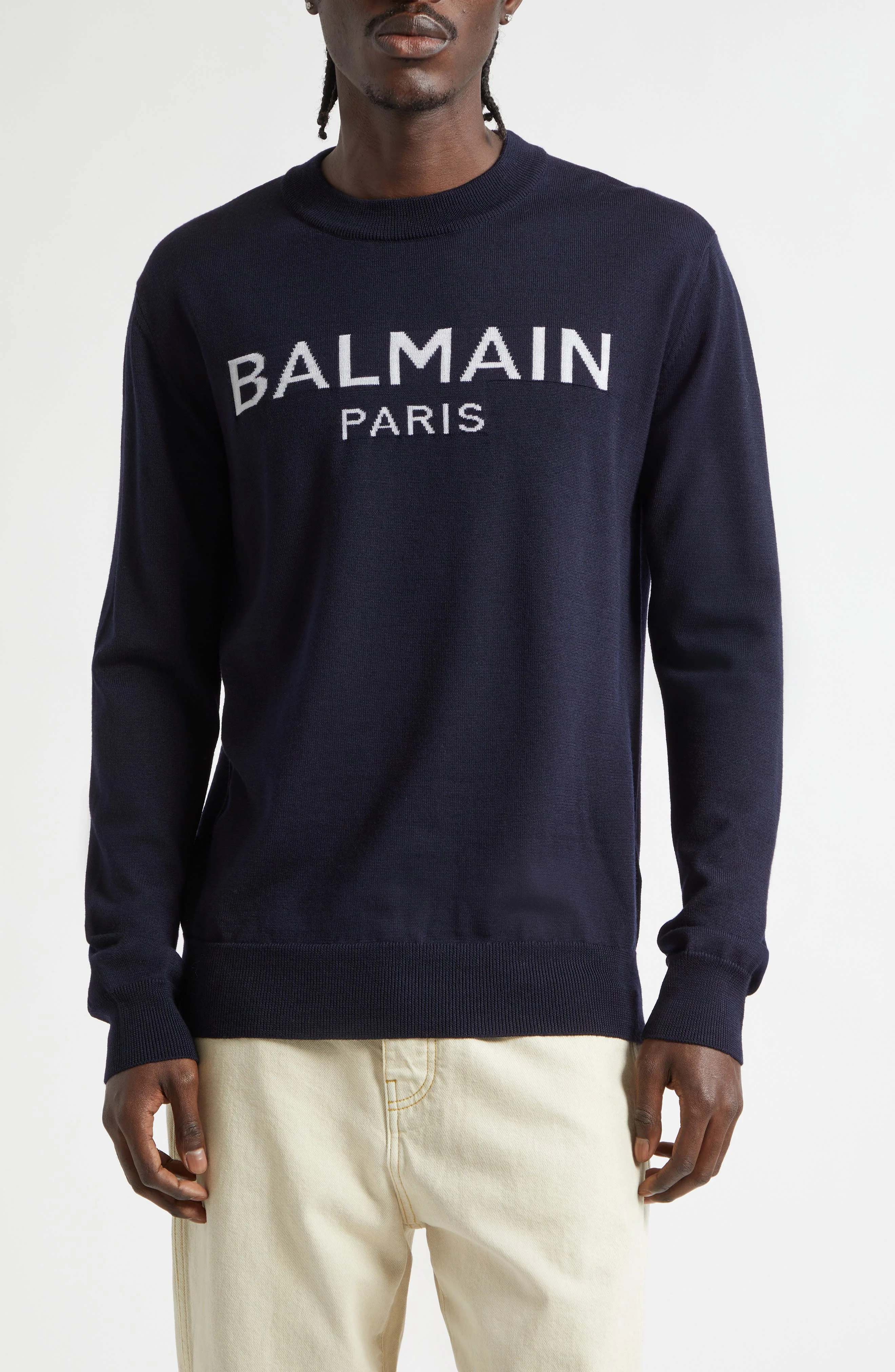 Balmain Paris Logo Jacquard Merino Wool Sweater in Navy/Natural at Nordstrom - 1