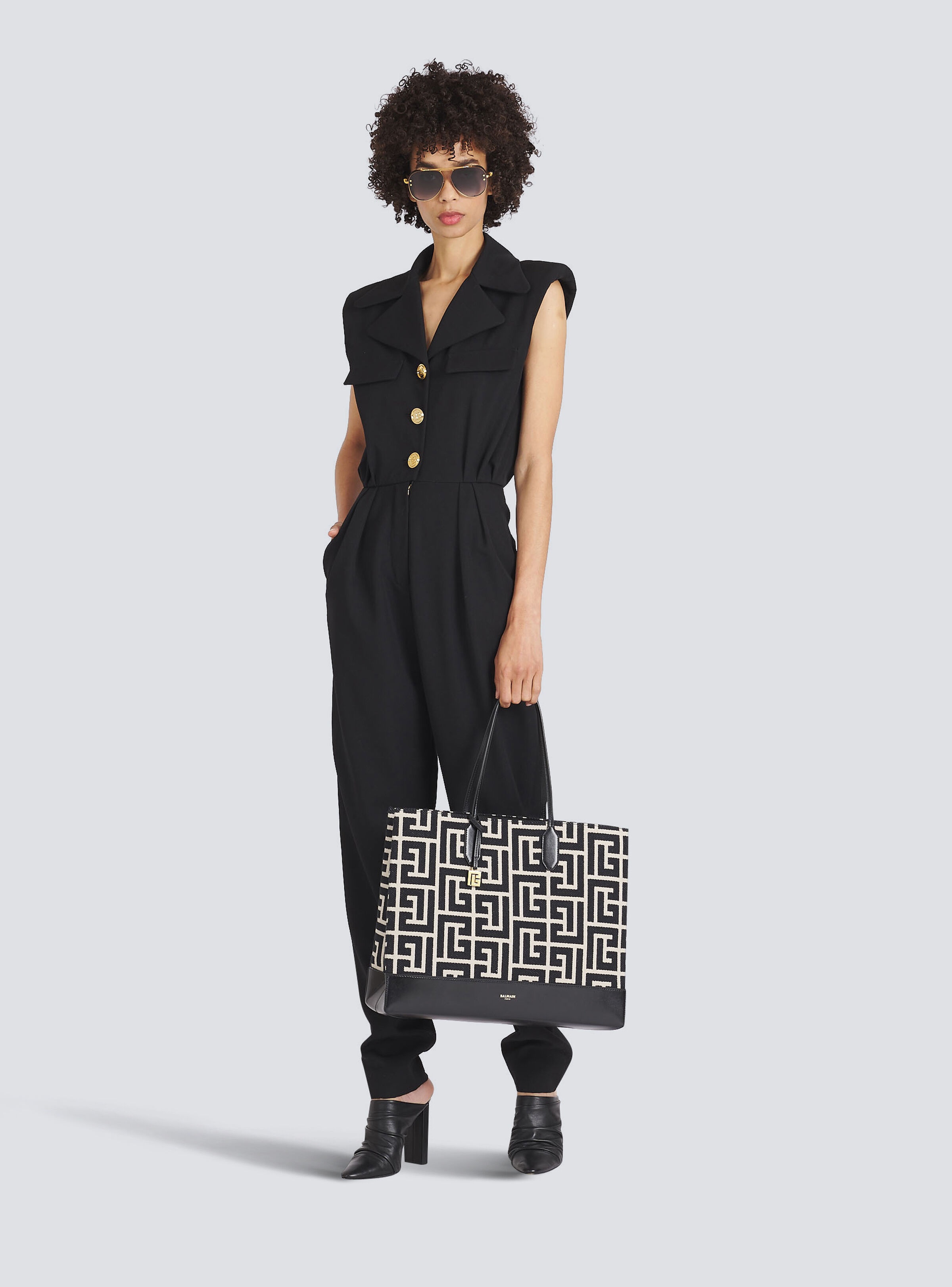 Large-sized bicolor ivory and black jacquard Folded Shopping Bag - 2