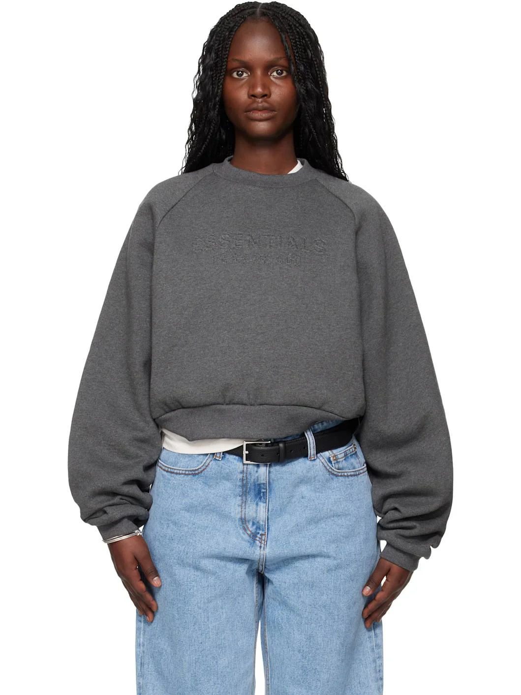 Gray Holiday Embossed 90s Raglan Crewneck Sweatshirt - 1