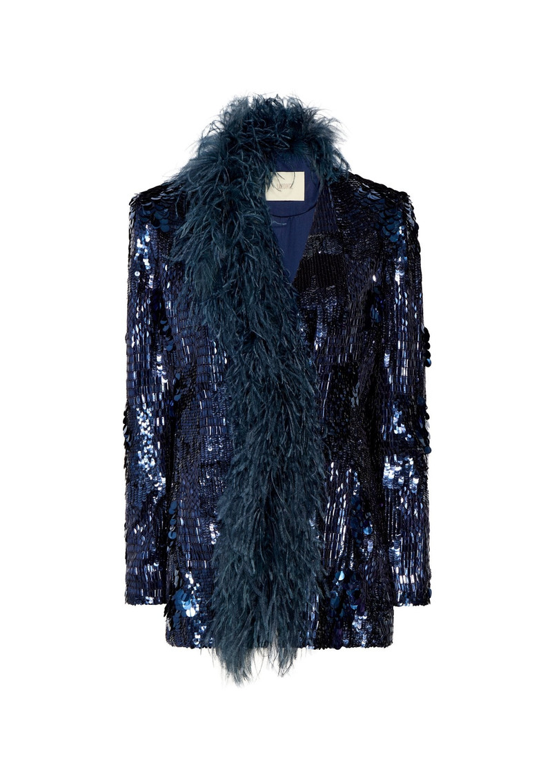 Patchwork Sequin Collarless Blazer With Feathers 1