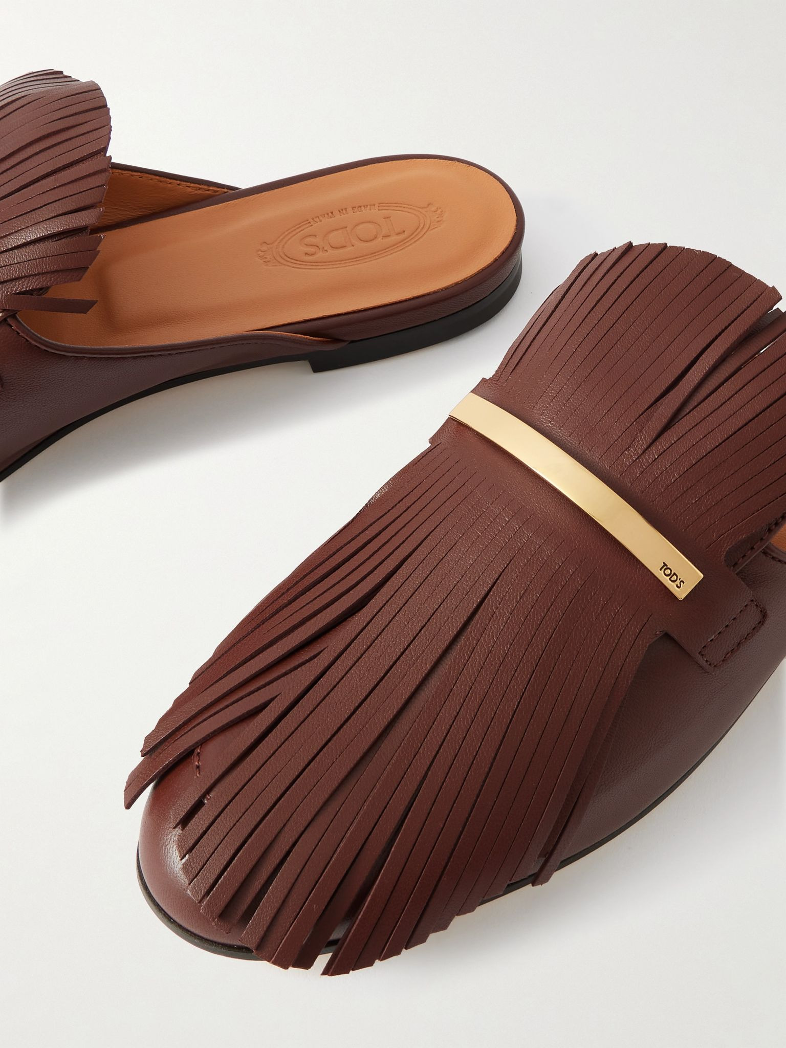 Embellished fringed leather slippers Brown - 4