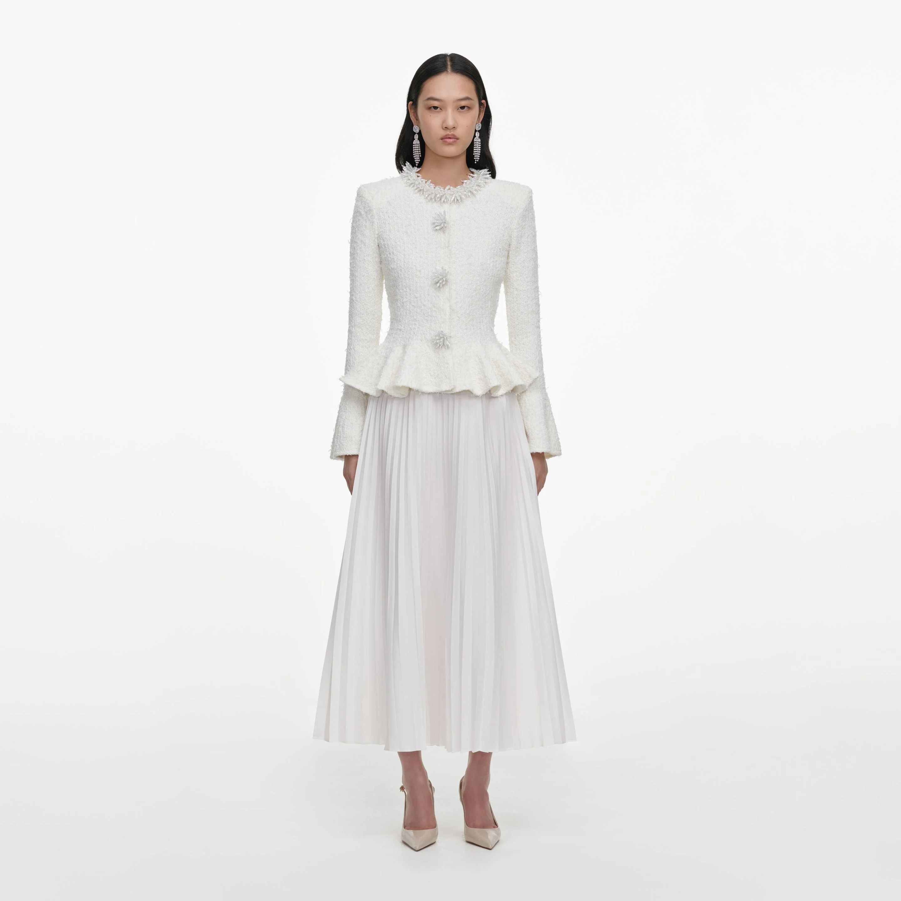 White Textured Knit Chiffon Midi Dress - 1