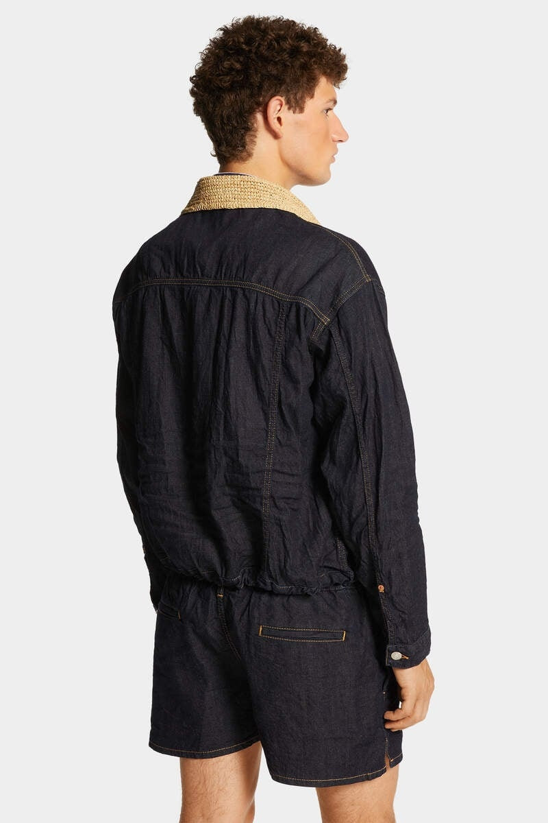 SUMMER LOVERS DARK WASH RAFFIA COLLAR DRAWSTRING SHIRT 4