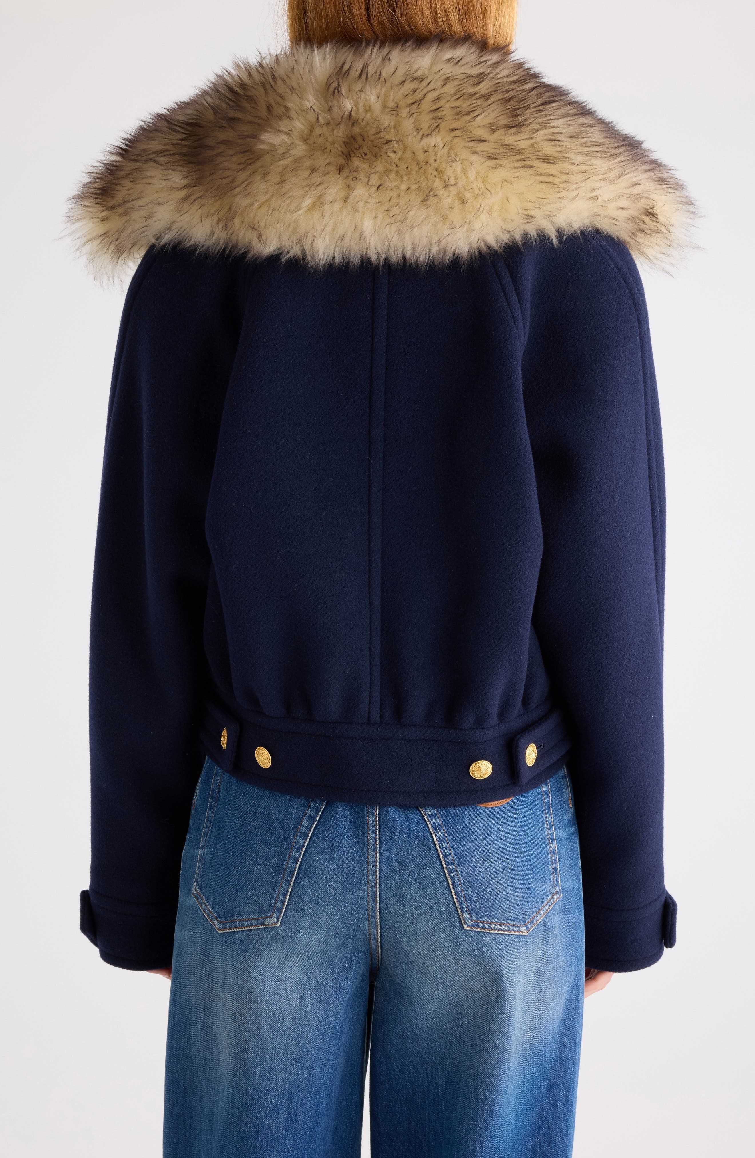 Chloé Crop Double Breasted Coat with Genuine Shearling Collar in Evening Blue at Nordstrom - 2