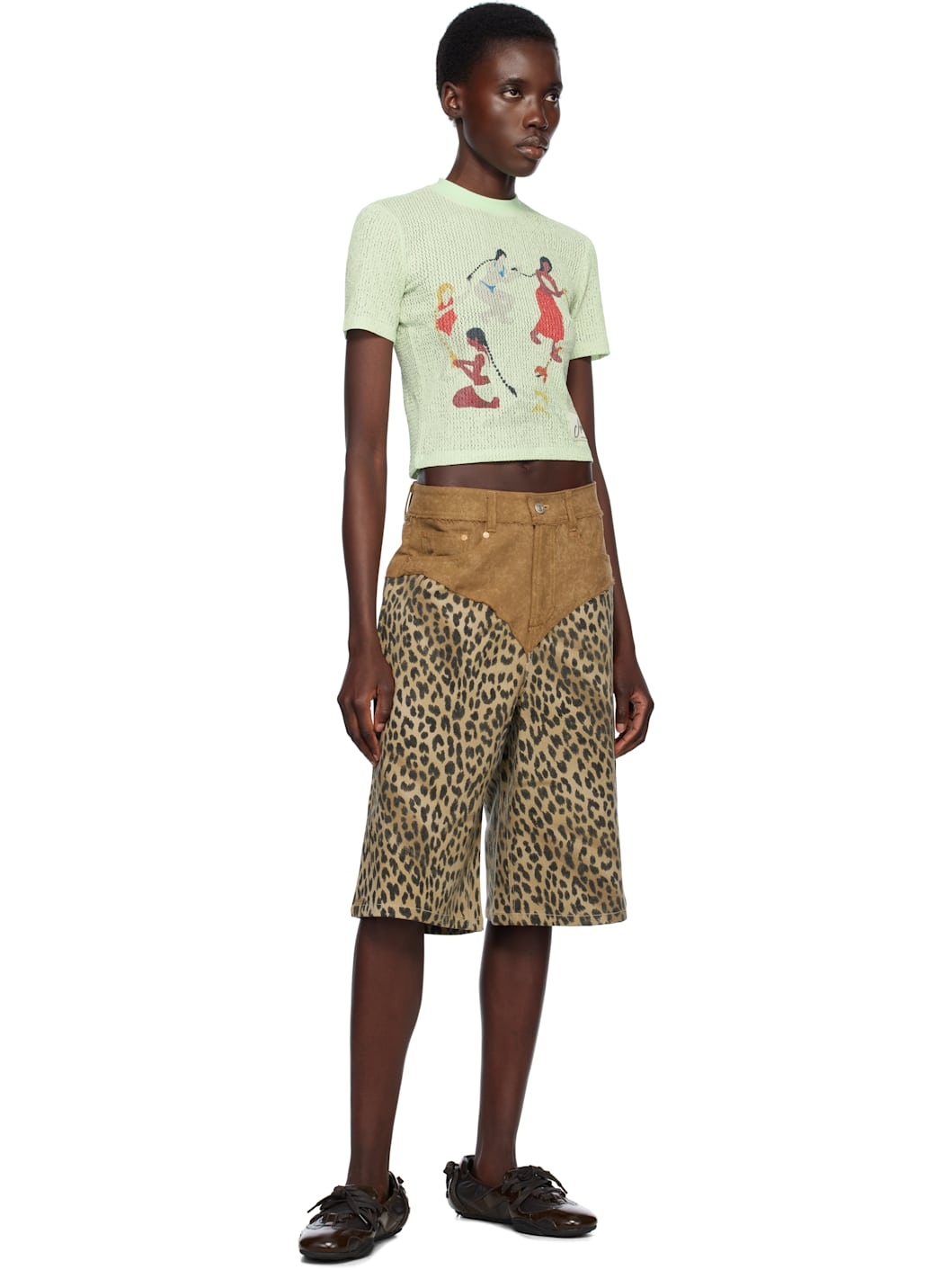 Beige & Brown Oxford Combo Leopard Shorts - 4
