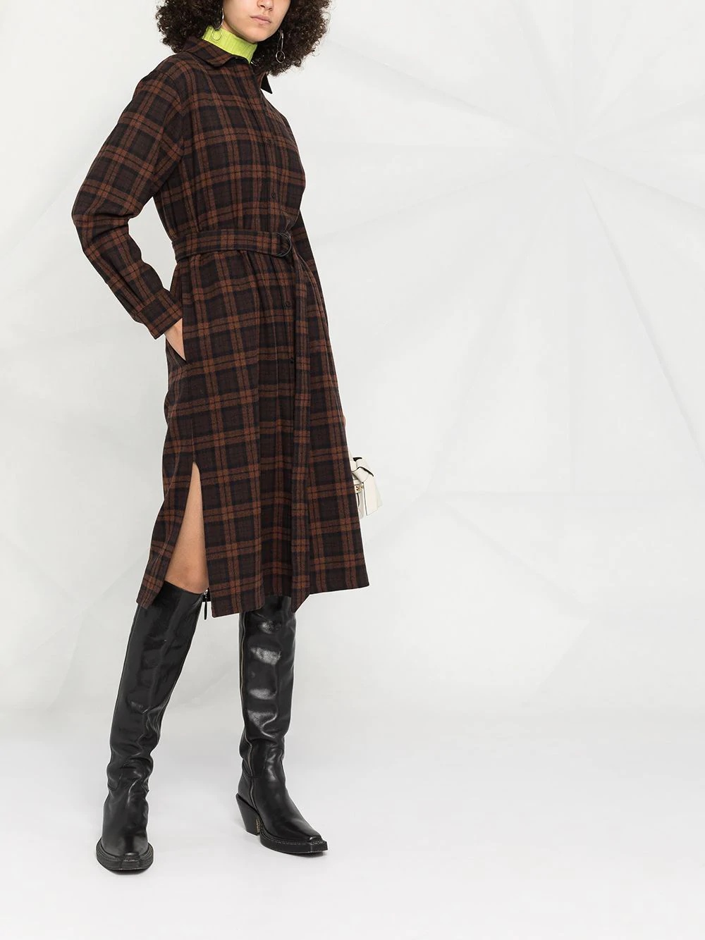 checked belted long-sleeve dress - 4