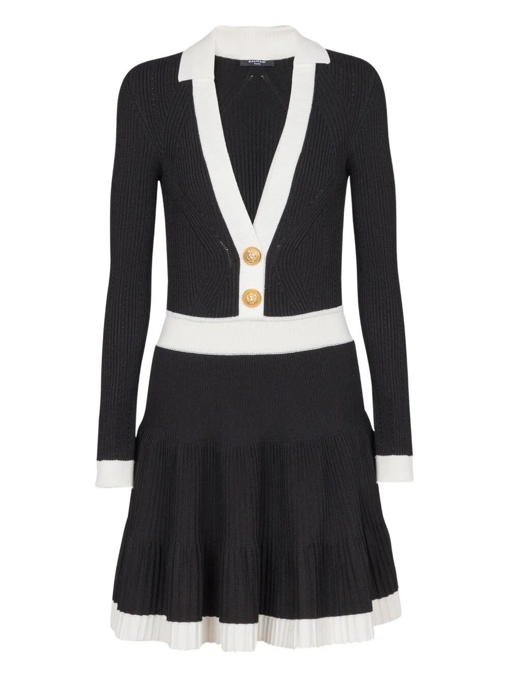 Introducing the 'LONG SLEEVES V-NECK FLARE KNIT DRESS' from the prestigious brand BALMAIN, a stunnin - 1