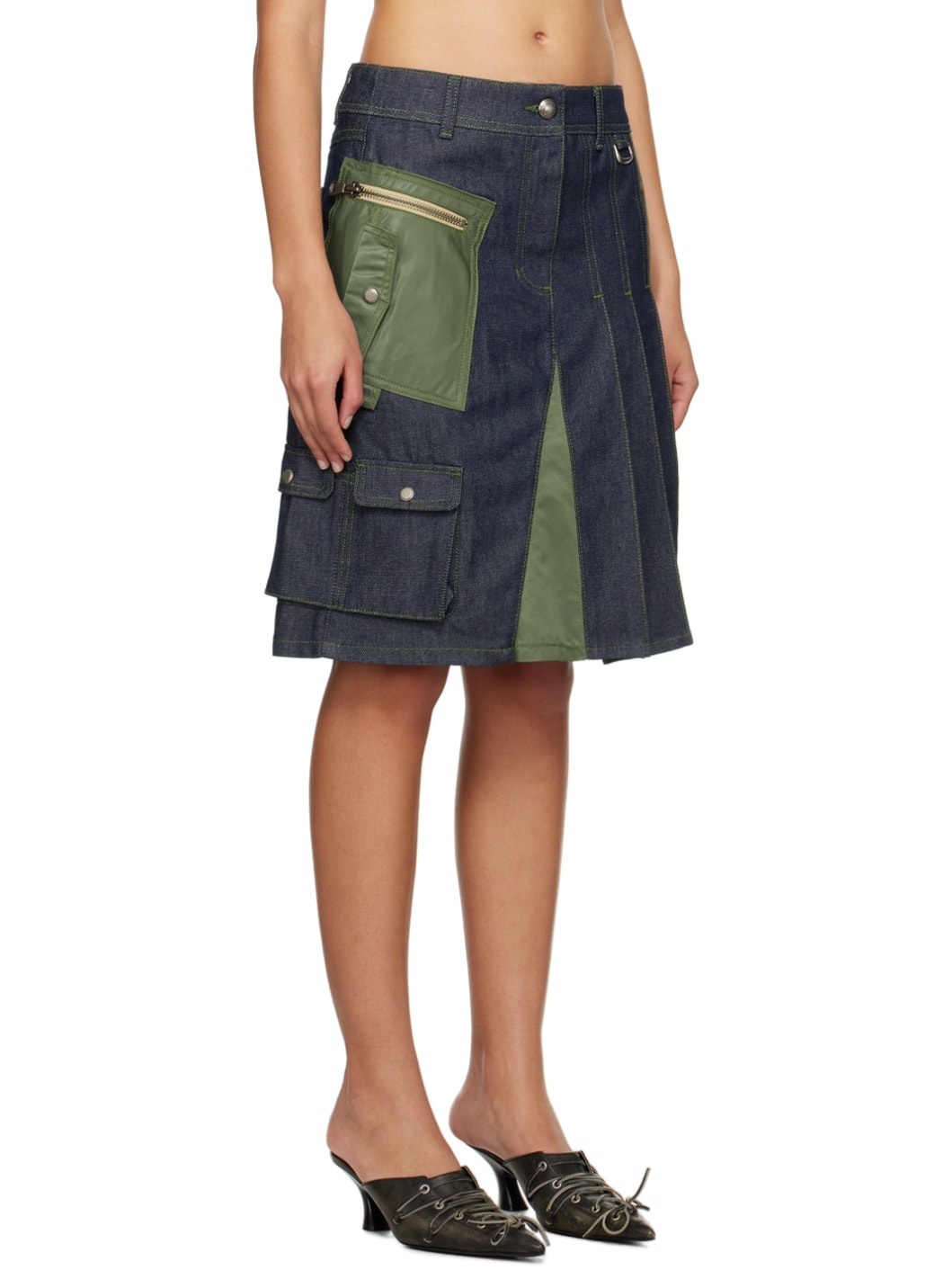 Blue & Khaki Marta Half-Pleats Midi Skirt - 2