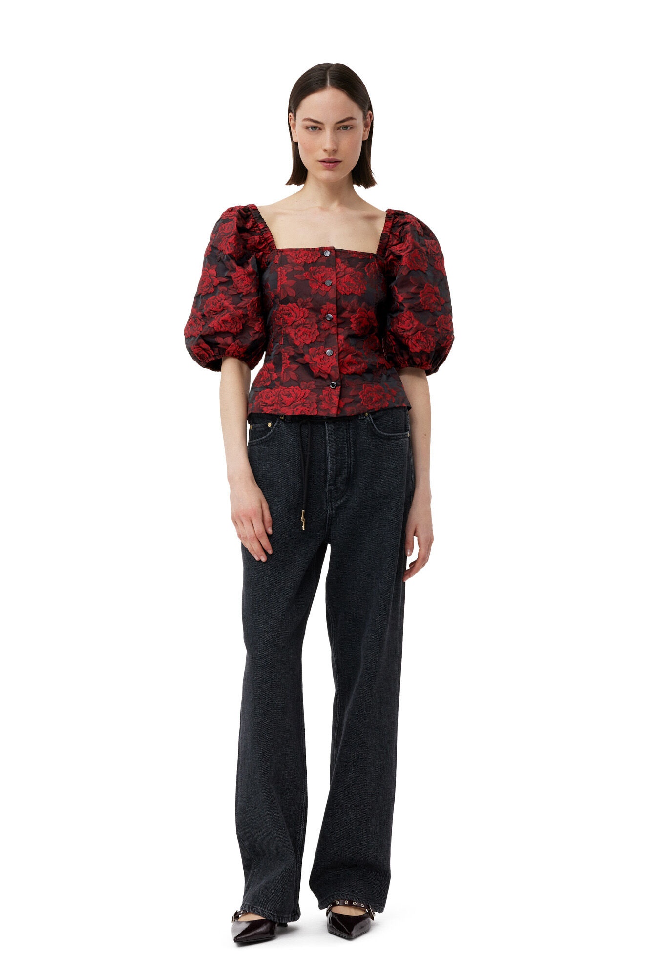 RED BOTANICAL JACQUARD FITTED BLOUSE - 3