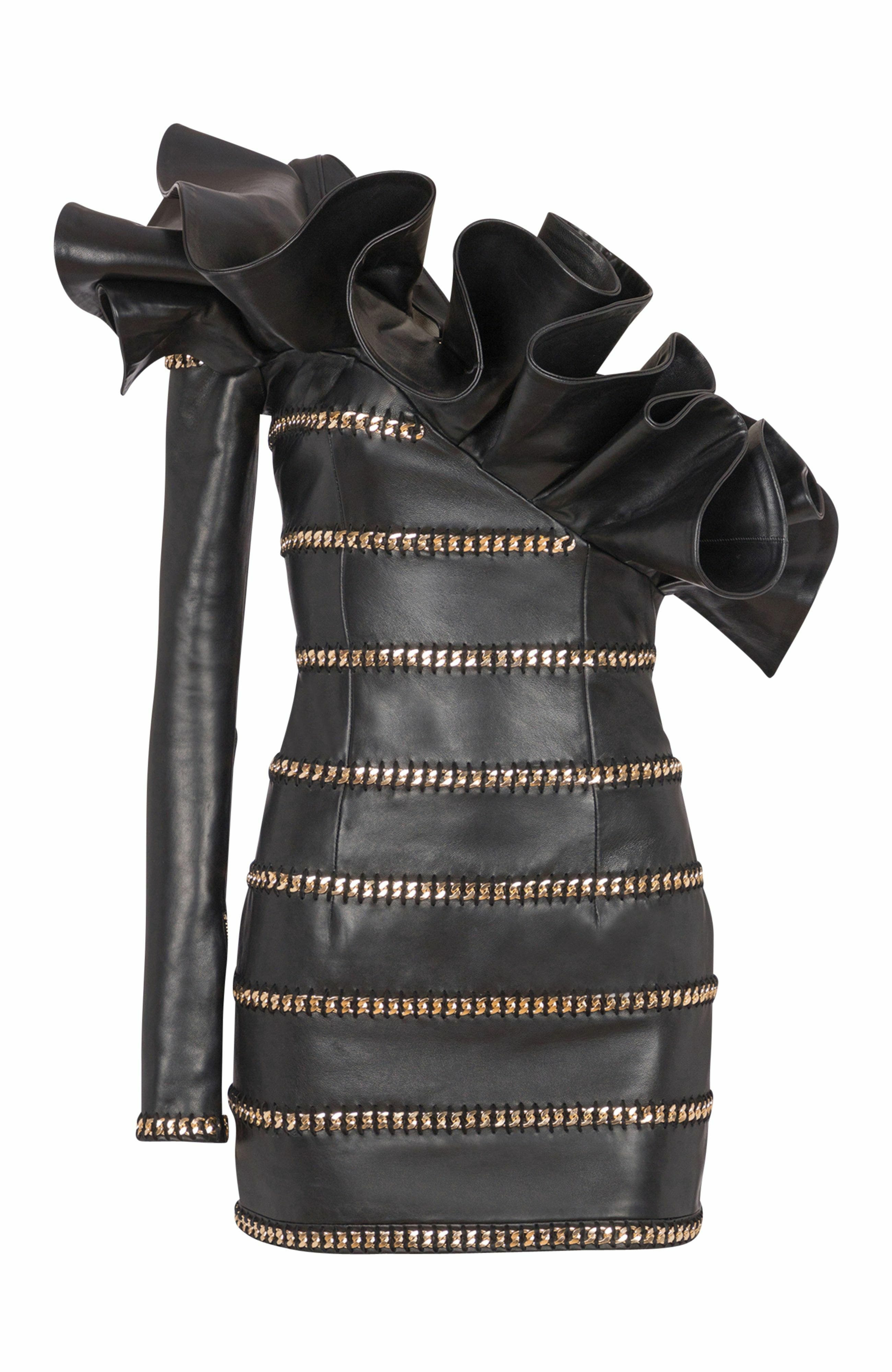 Balmain Asymmetric Leather Bodycon Dress With Chains in Black at Nordstrom - 5